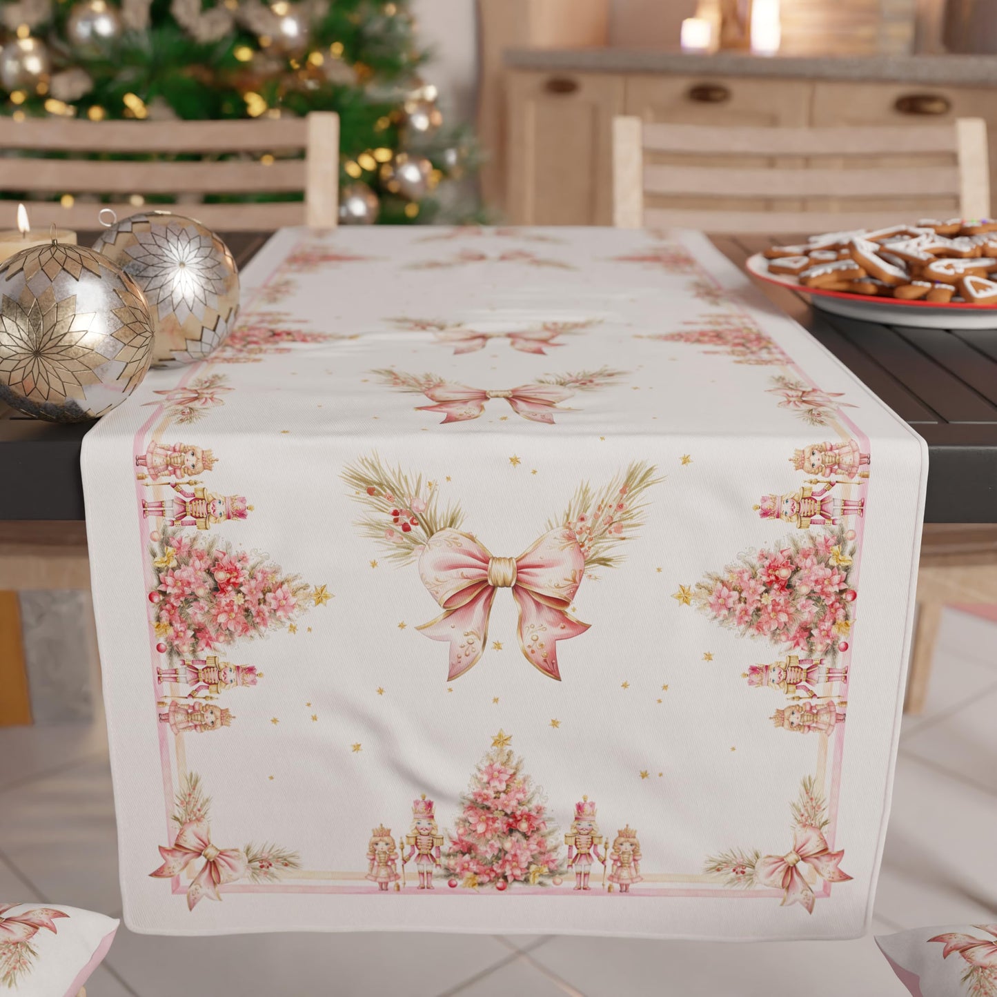 PETTI Artigiani Italiani - Christmas Table Runner, Kitchen Runner 140x40 cm, Elegant Pink Nutcracker Christmas Table Runner, 100% Made in Italy