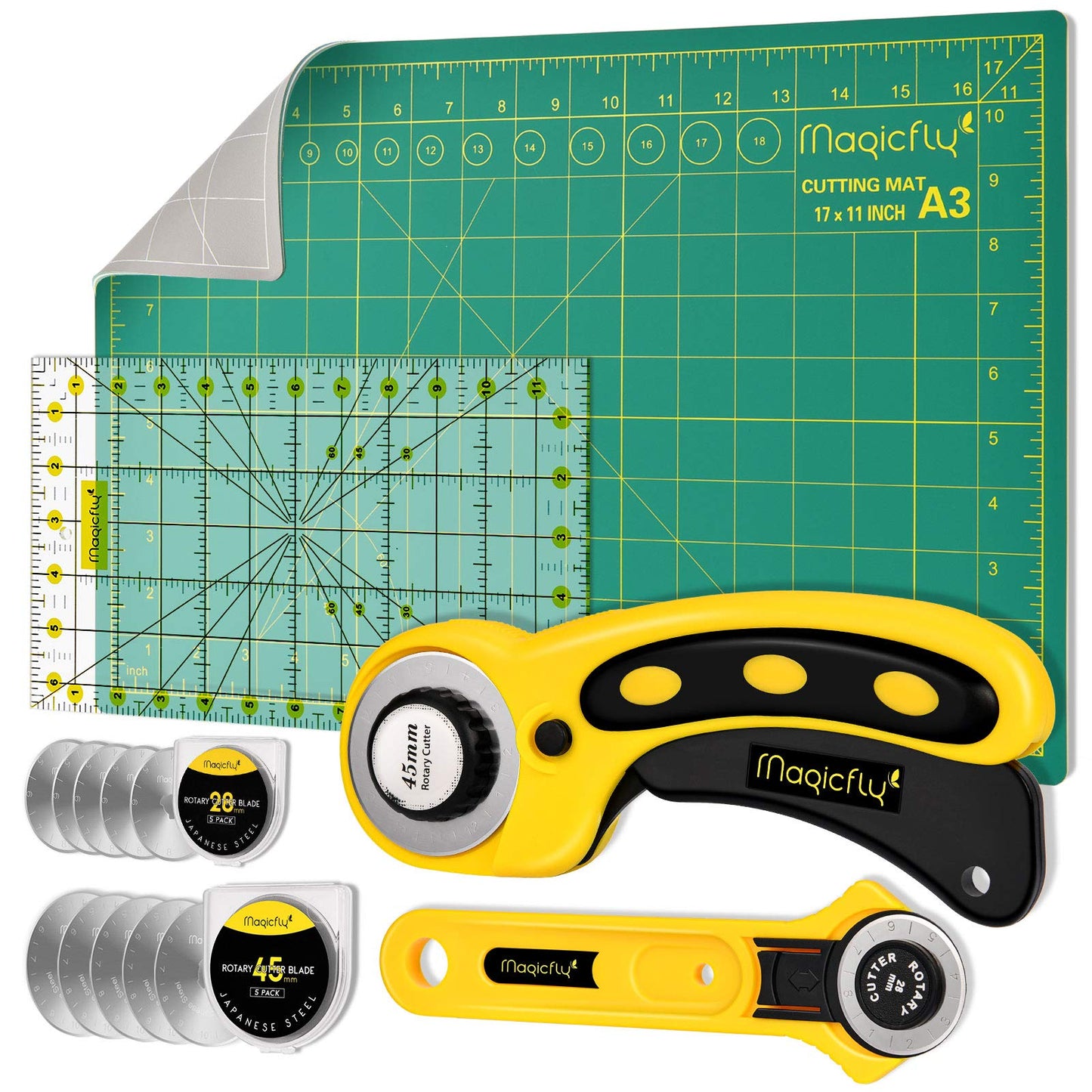 Magicfly Rotary Cutter Set, Quilting Kit Including Fabric Cutter Wheel and Mat, A3 Patchwork Ruler, Carving Knife, Replacement Cutter Blades for