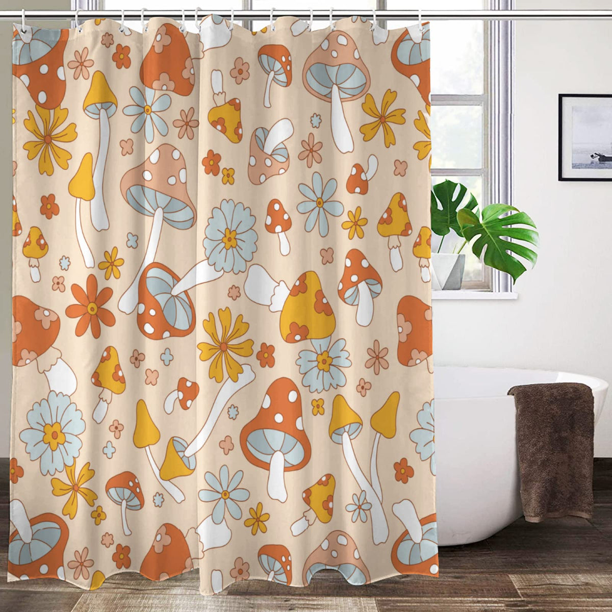 Lovetar Retro 70s 60s Hippie Mushroom Shower Curtain Funky Vintage Cute Flower Boho Floral Washable Waterproof Fabric Bath Curtains Set for Bathroom