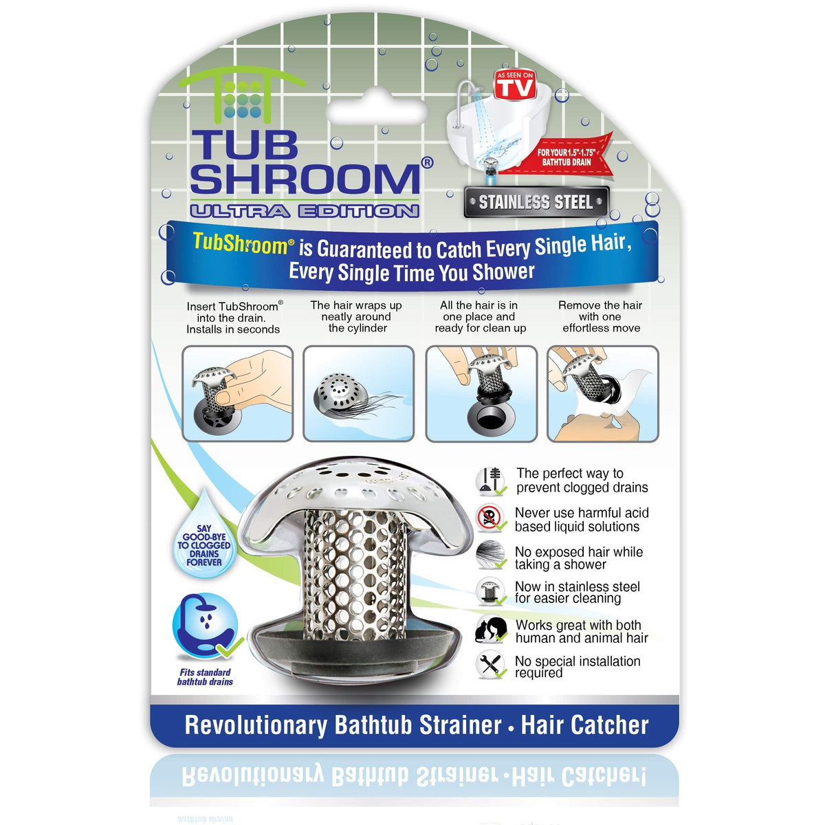 TubShroom Bathtub Hair Drain Catcher Stainless Steel, Standard