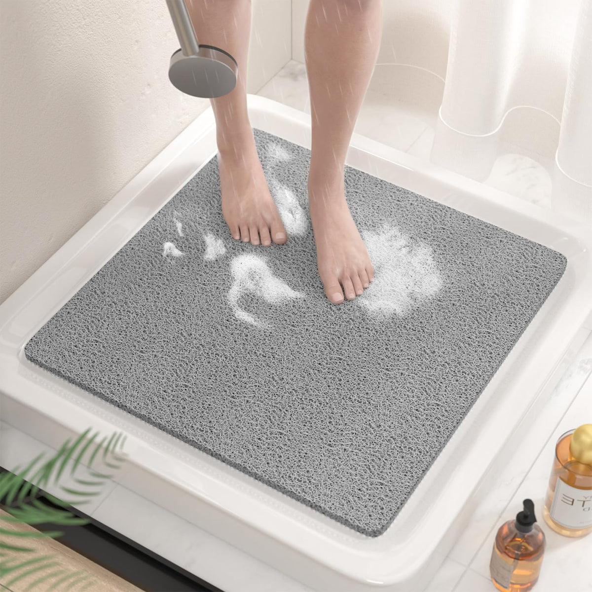 HITSLAM Square Shower Mat Non Slip Anti Mould, 68 x 68cm Soft PVC Loofah Shower Mat for Inside Shower, Bath Mat Anti Slip With Drain, Quick Drying
