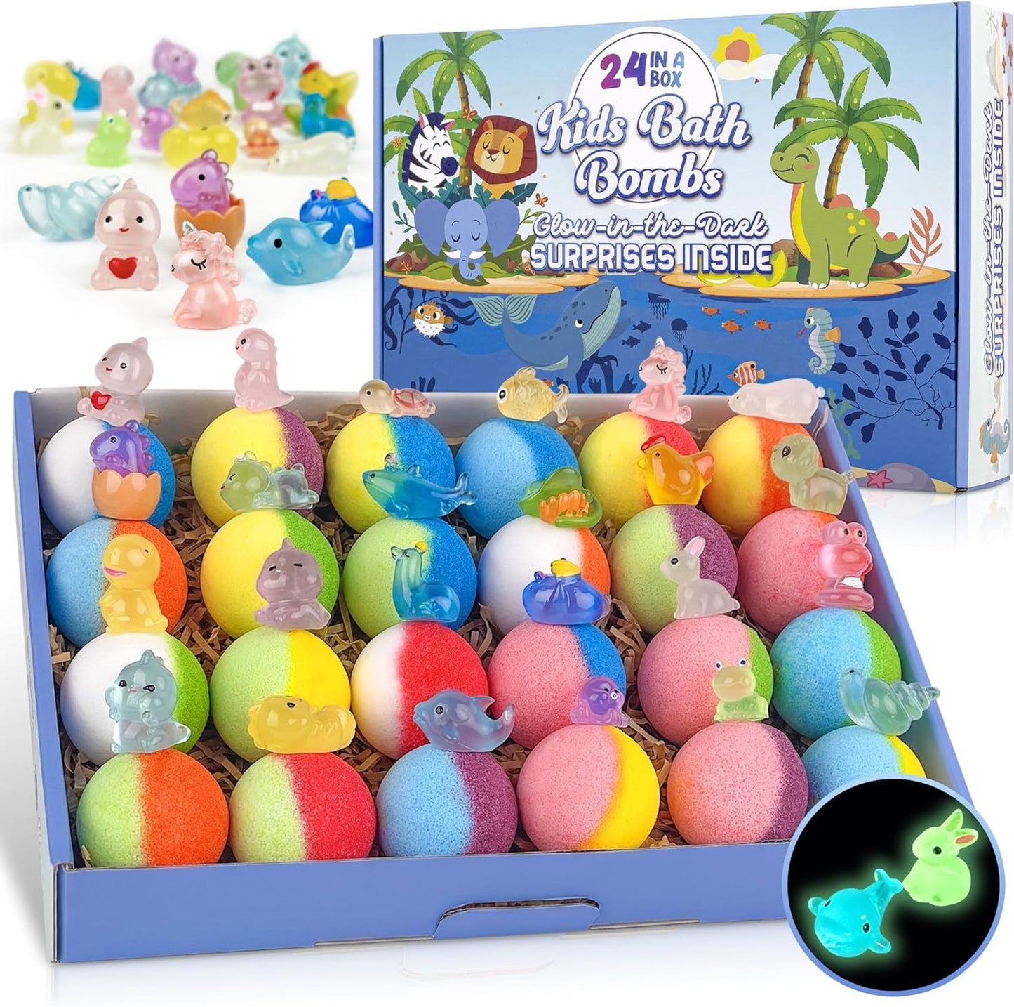 Bath Bombs for Kids, 24pcs Bath Bombs with Glow in The Dark Surprise Toy Inside, Natural and Organic Colorful Bubble Bath Fizz, Perfect Birthday,