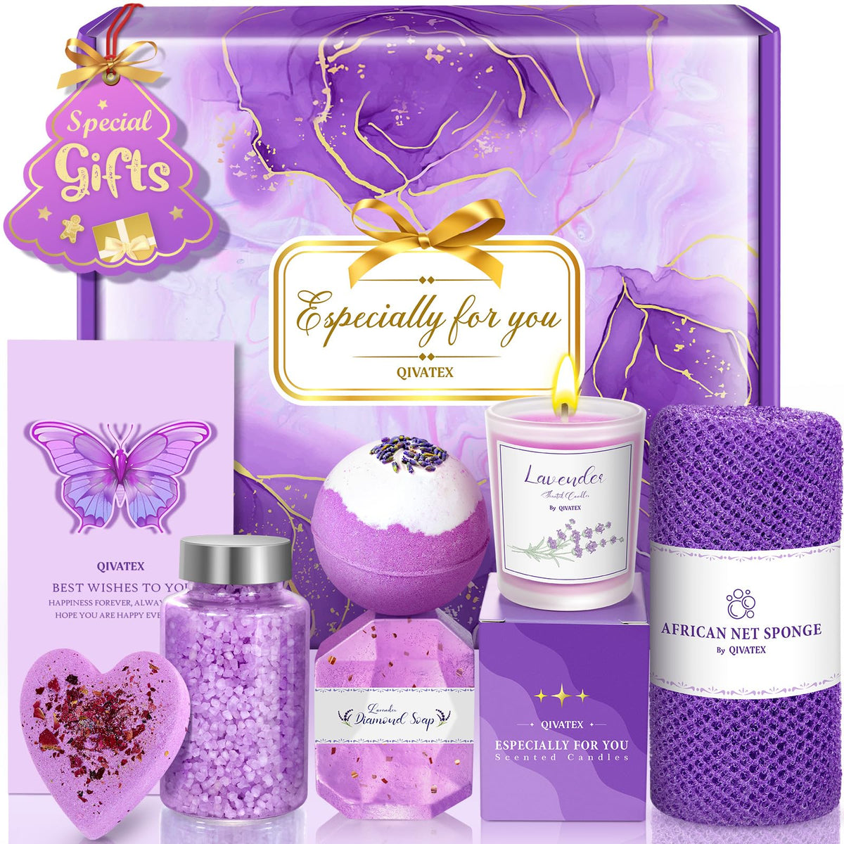 Qivatex Valentines Gifts for Her, Lavender Scented Candle, Diamond Soap, Bath Bomb, Bath Salt, African Bath Sponge Gifts Set for Women, Mum, Wife,