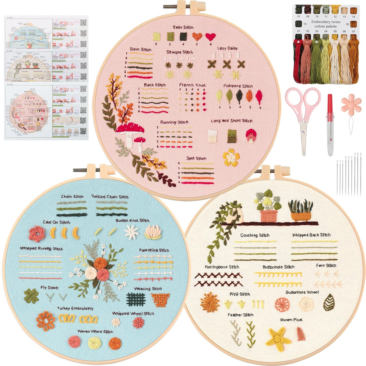 UXORSN 3 Sets Embroidery Kit for Beginners Adults Cross Stitch Starter Kits Learn 30 Different Stitches Practice Kit Fabric Craft with Flower Stamped