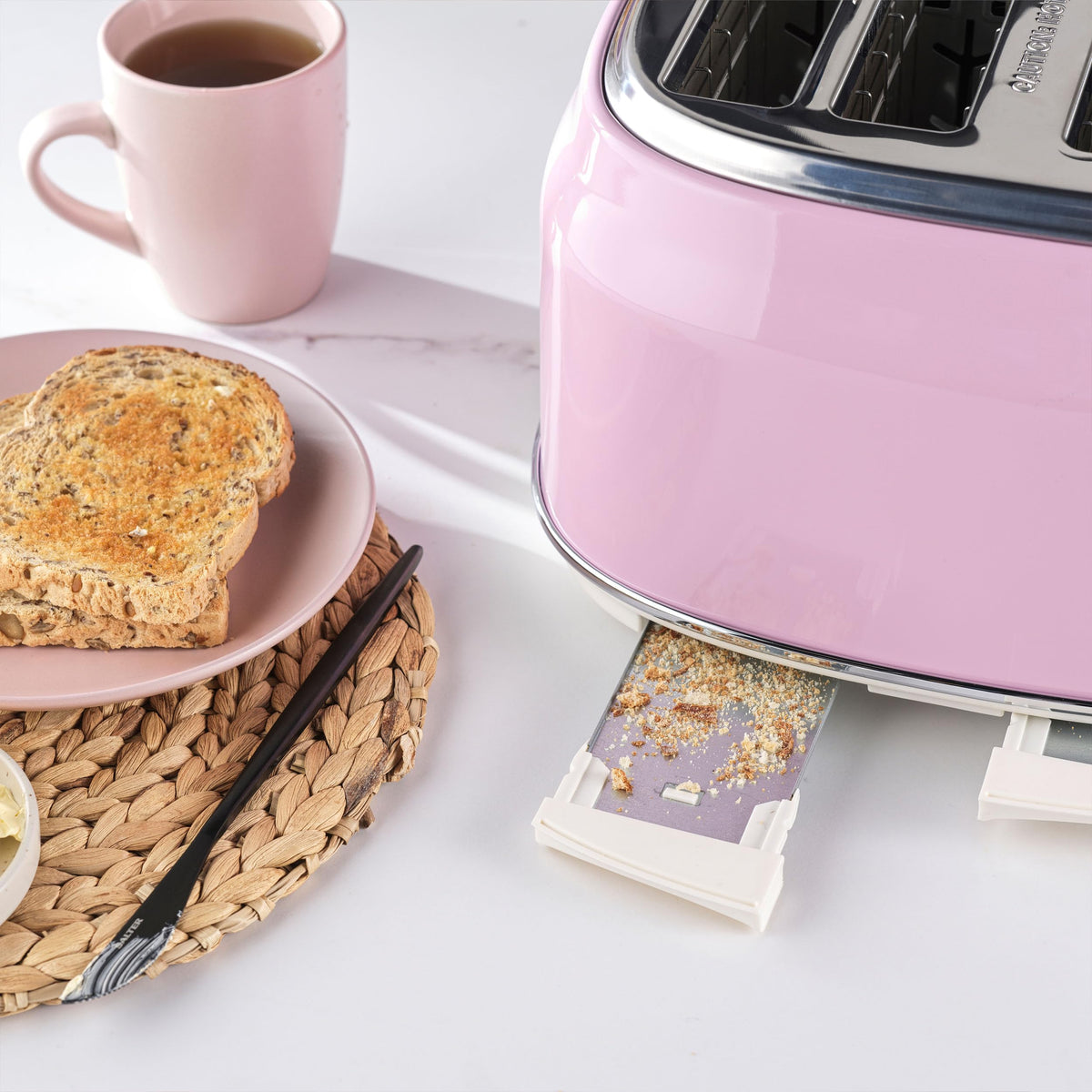 Salter Retro Pink 4-Slice Toaster Wide Slots, 6 Browning Levels, Defrost, Reheat, Cancel Functions, Removable Crumb Tray, Extra Thick Bread,