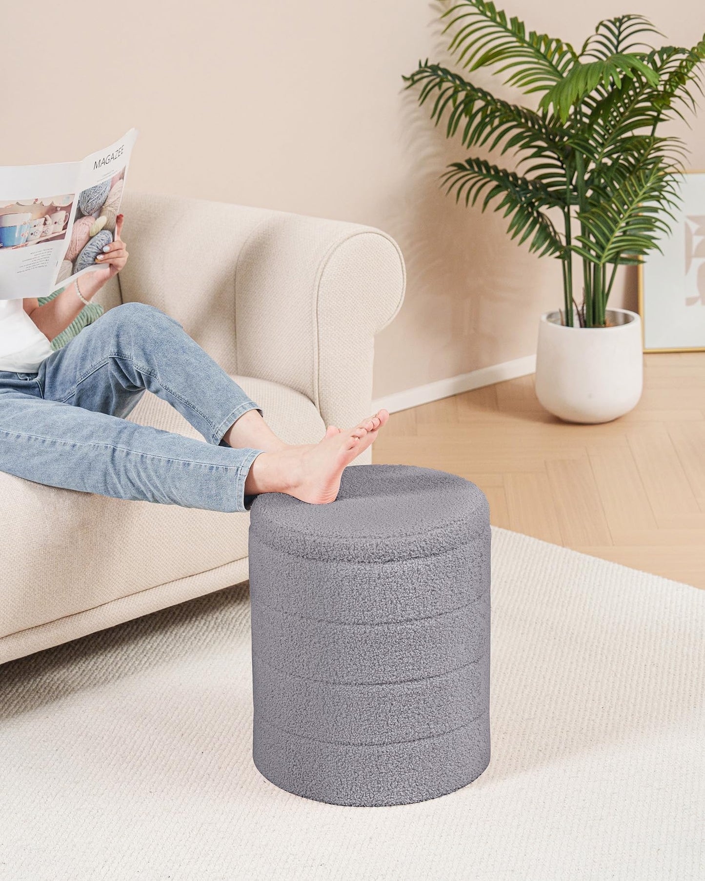 Bonlife Boucle Ottoman Storage, Foot Rest Stool Seat, Folding Footstool for Living Room, Sherpa Ottoman for Bedroom, Grey, 37x37x45 cm