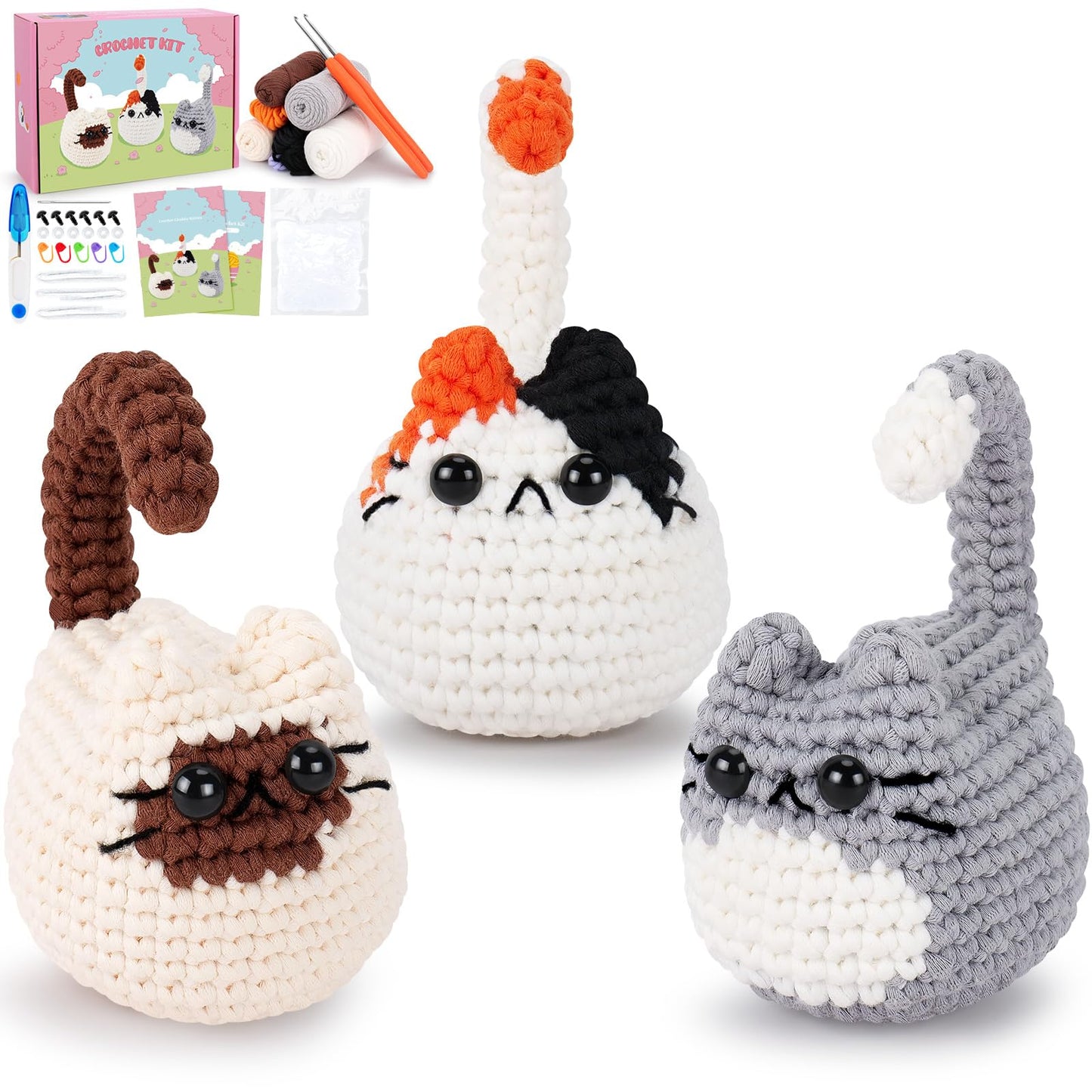 Crochet Kit for Beginners Animal Cat Crochet Kit for Adults Kids, Knitting Kits Complete Crochet Set with Step-by-Step Video Tutorials, 3pcs Cat