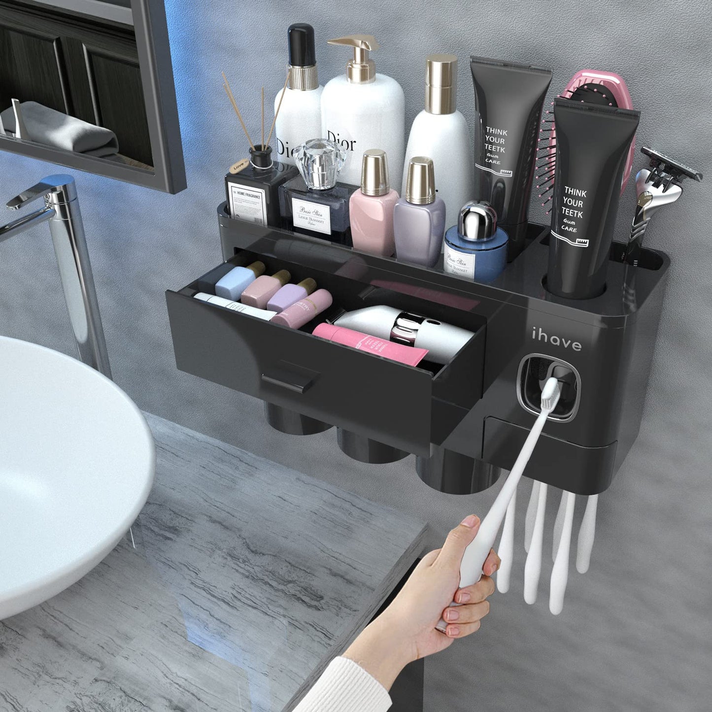 iHave Toothbrush Holders for Bathroom Storage, 3 Cups Toothbrush Holder Wall Mounted with Automatic Toothpaste Dispenser, Large Capacity Tooth Brush
