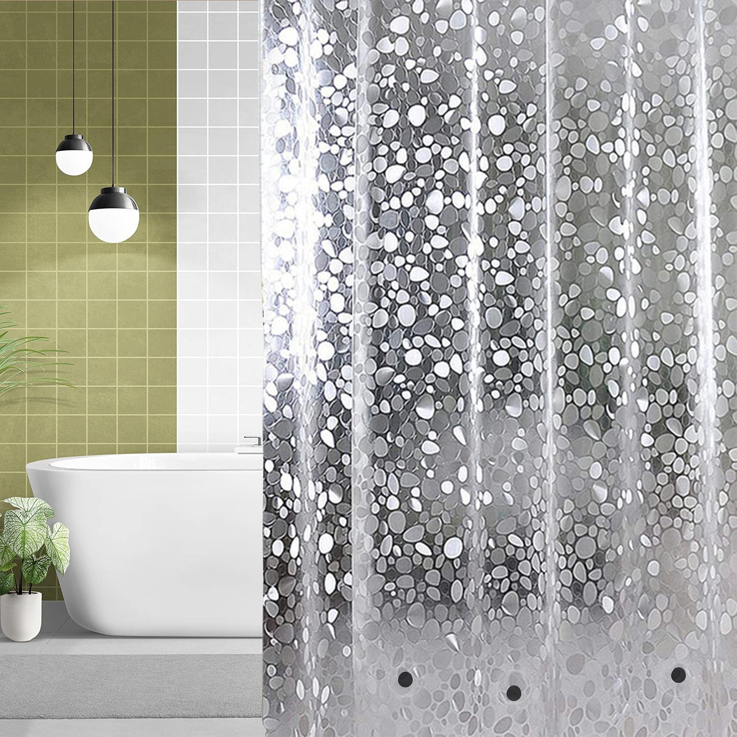 WedDecor Waterproof Heavy Duty PVC Clear 3D Effect Pebbles Pattern Shower Curtain Liner Mould & Mildew Resistant With Magnetic Bottom, 12 Curtain