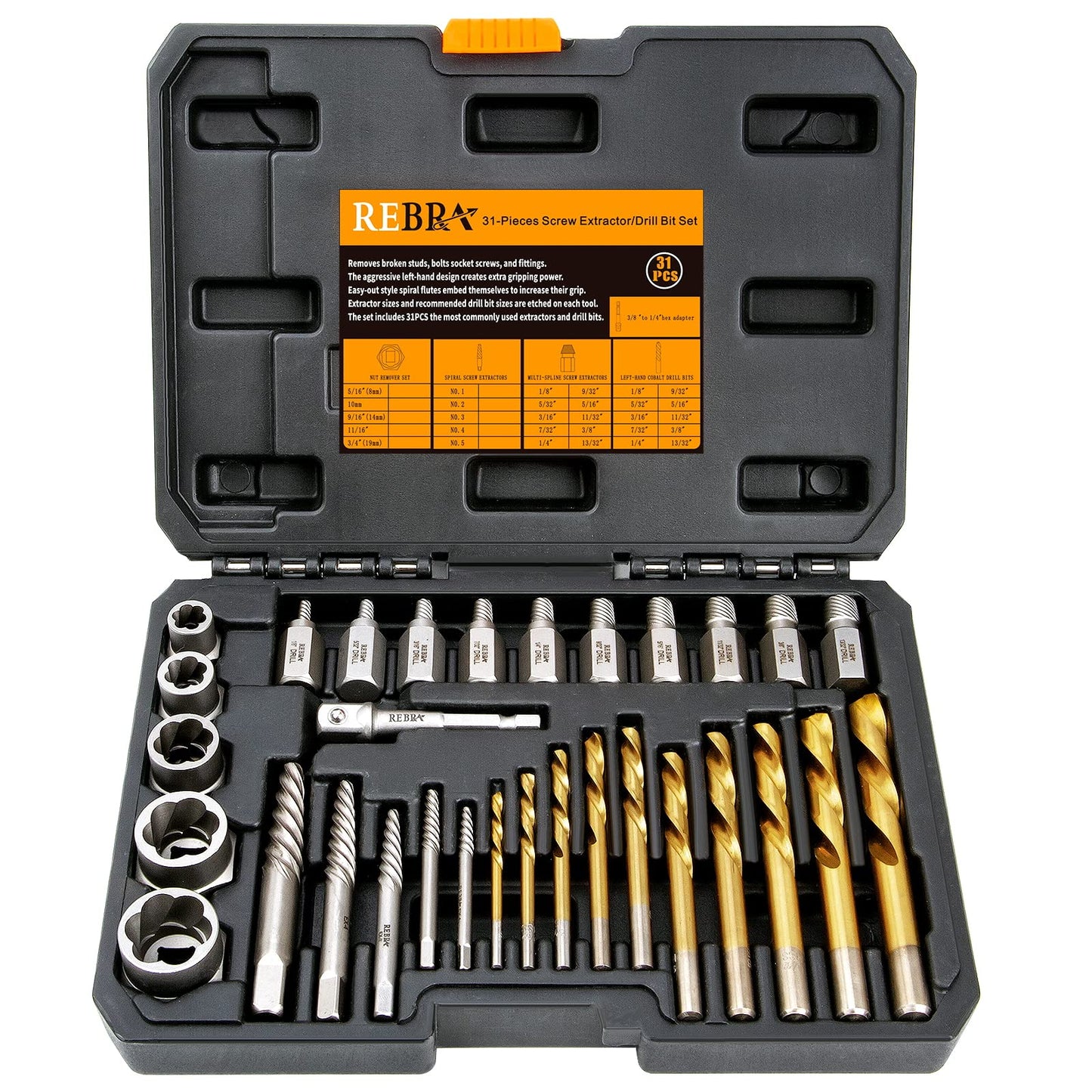 31-Pieces Screw Extractor Set, 37# Cr-Mo & 6542 HSS Steel Cobalt Left-Hand Drill Bit, Easy Out Broken Bolt Remover Reverse, Ez Out Stripped,