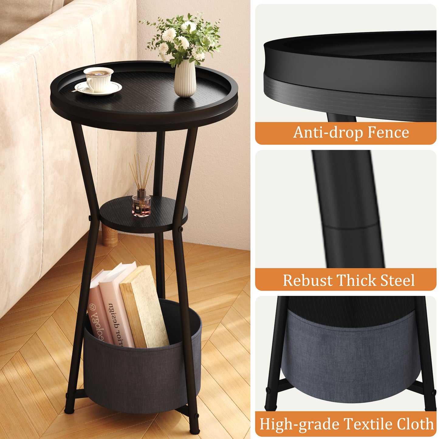 Yusong Round Side Table, Small Drink Table for Small Spaces, 3-Tier Industrial End Table, Accent Nightstand Bedside Table for Living Room, Bedroom