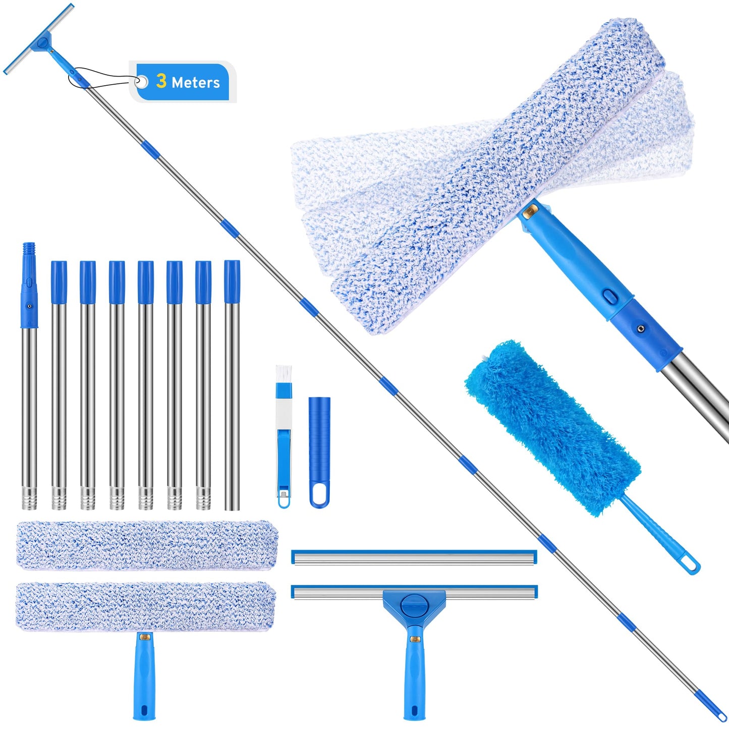 COZCLAM 3m Window Squeegee Cleaner Kit with Extendable Pole, 3 in 1 Interchangeable Squeegee, Srubber and Duster, Telescopic Window Cleaner Tool with