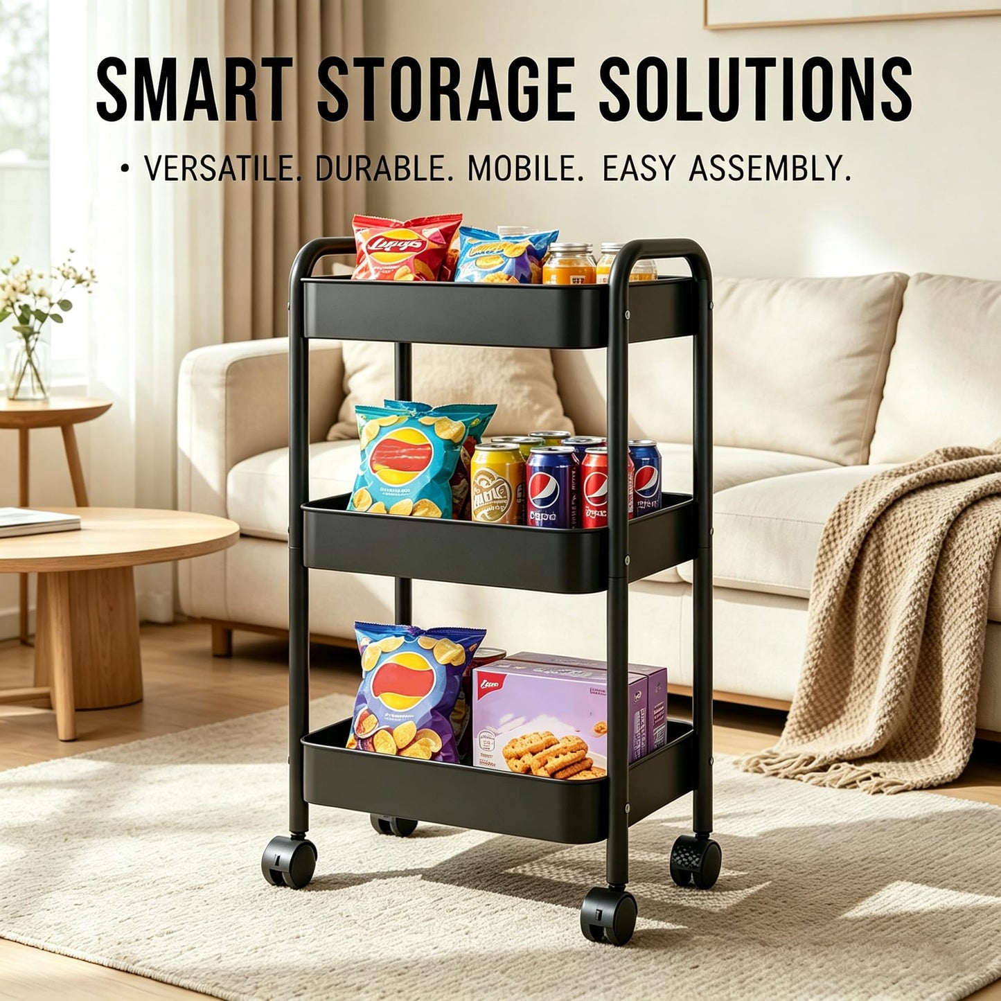 Nikphobos 3 Tier Storage Trolley, Metal Trolley Rolling Utility Cart on Wheels with Hooks, Multi-Purpose Organizer for Kitchen Bathroom Bedroom Office