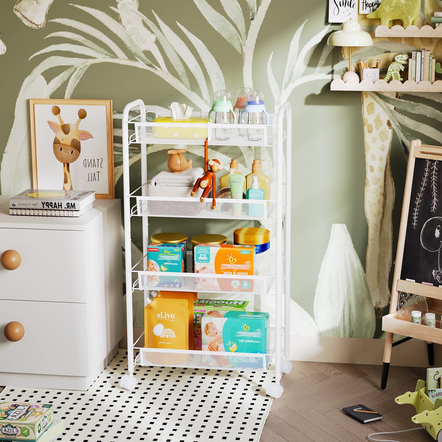 WELDUN 4-Tier Storage Trolley, Meatl Rolling Cart, Mesh Storage Cart White