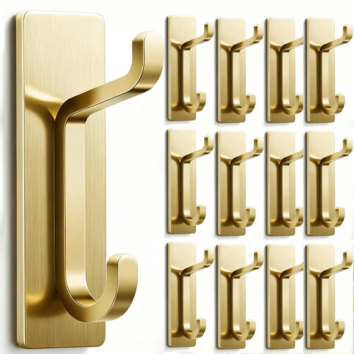 12-Pack Self Adhesive Hooks: Gold Stick-On Hook 6KG, Wall and Door Hanger for Hanging Towel Coat Robe