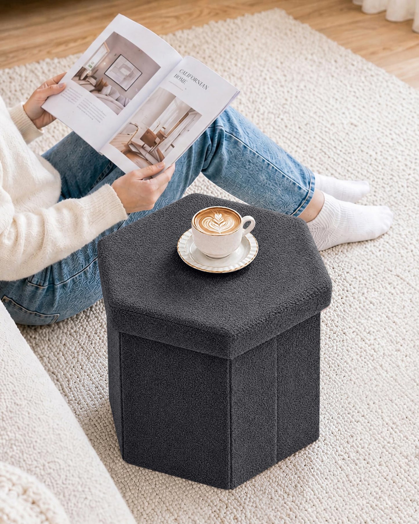 Bonlife Folding Storage Ottoman Hexagonal, Footrest with Toy Ches Box, 43cm