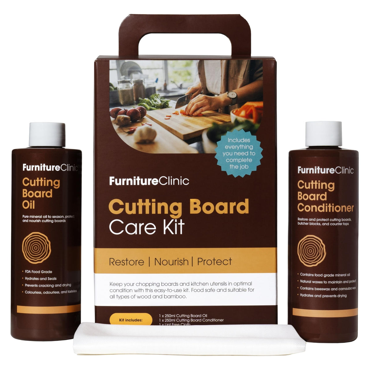 Chopping Board Maintenance Kit - Use to Clean, Maintain, Protect and Restore Chopping Boards - Contains: 250ml Cutting Board Oil and 250ml Cutting