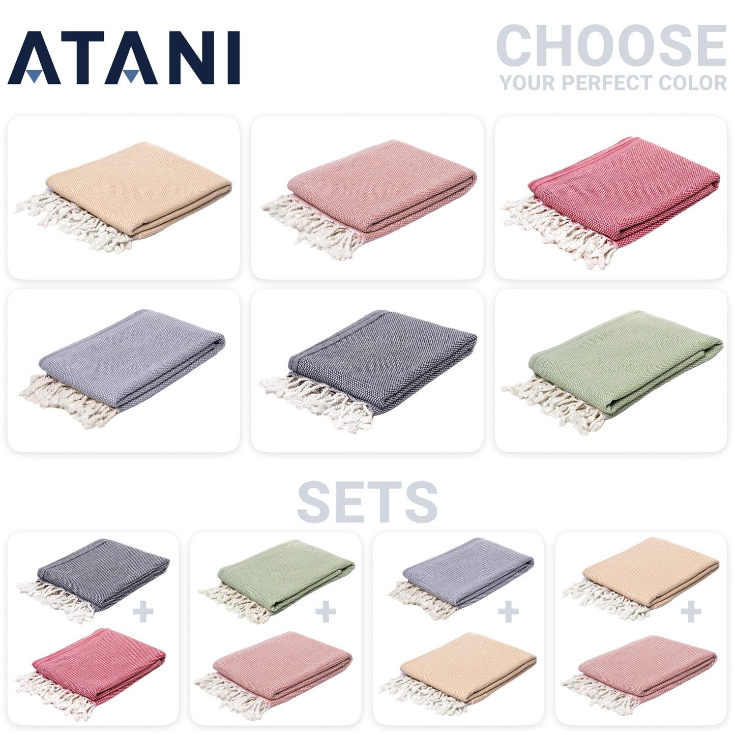 ATANI Turkish Beach Towel (69x35 Inches), Oversized 100% Cotton Bath Towels Lightweight Quick-Dry Beach Blanket for Travel, Picnic, Camping