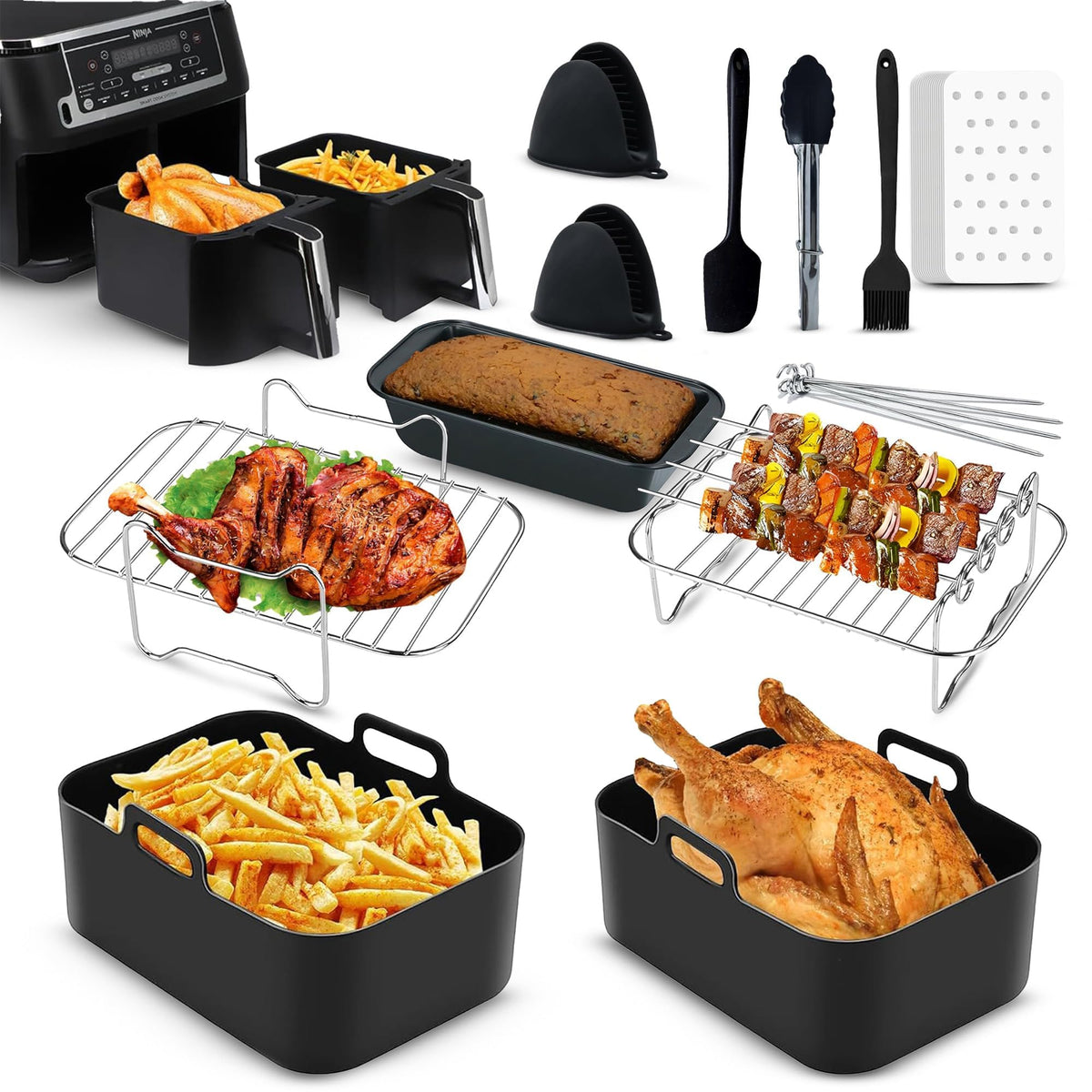ONE Emporium 11-Piece Ninja Air Fryer Accessories Set ? Racks, Silicone Liners, Oil Brush, Tongs, Pan & Gloves, Complete Gift Set