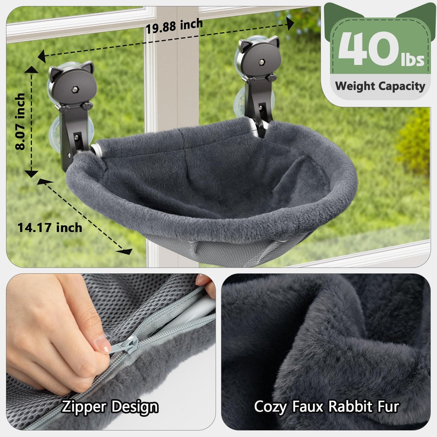 JUNSPOW Cat Window Perch Cordless, Foldable & Stable Kitten Beds- Breathable Cat Window Hammock for Overlooking, Sunbathing and Climbing - Maximum