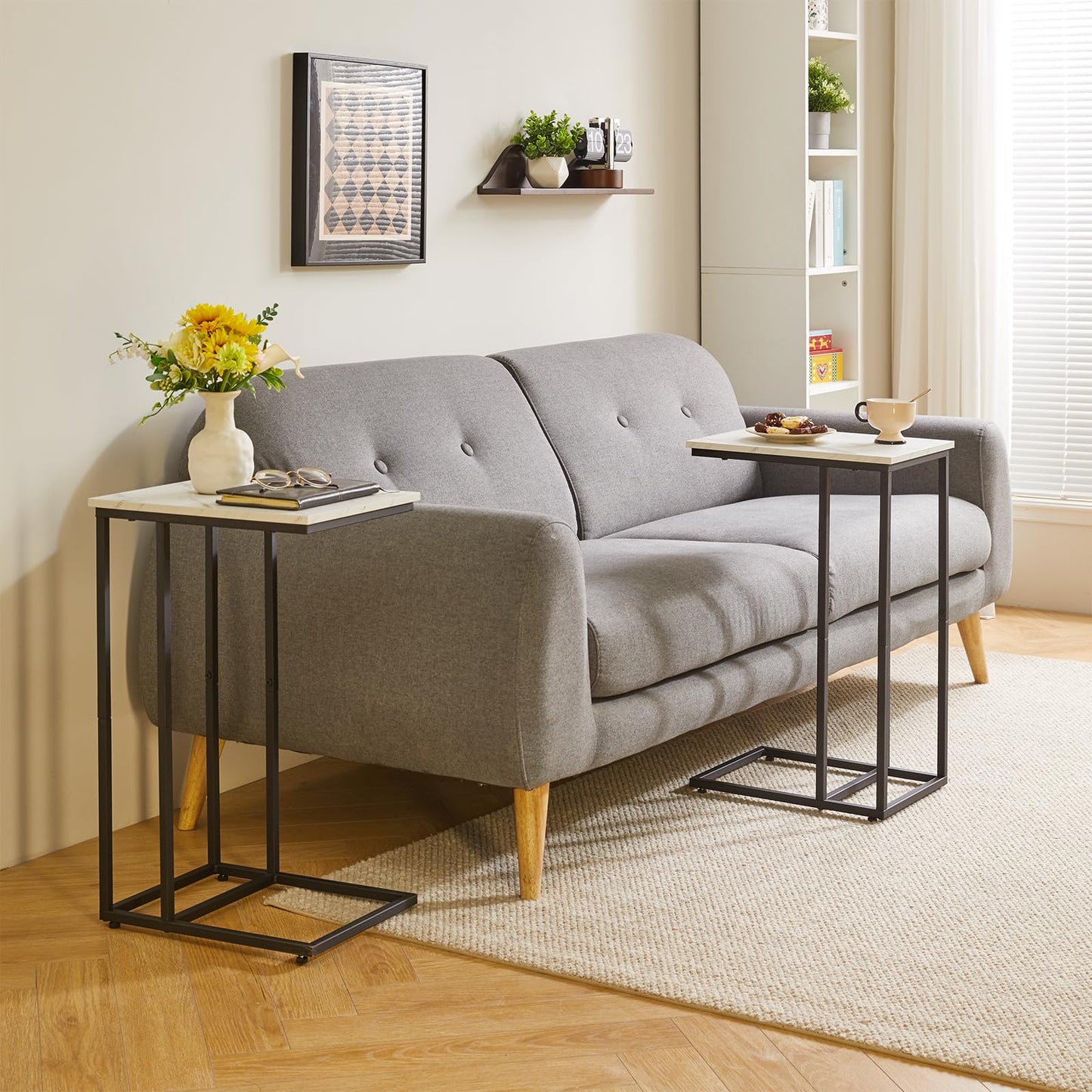 Aibiju C Shaped End Table, Slide and Sofa Table, Bedside Snack Table with Steel Frame for Living Room, Bedroom