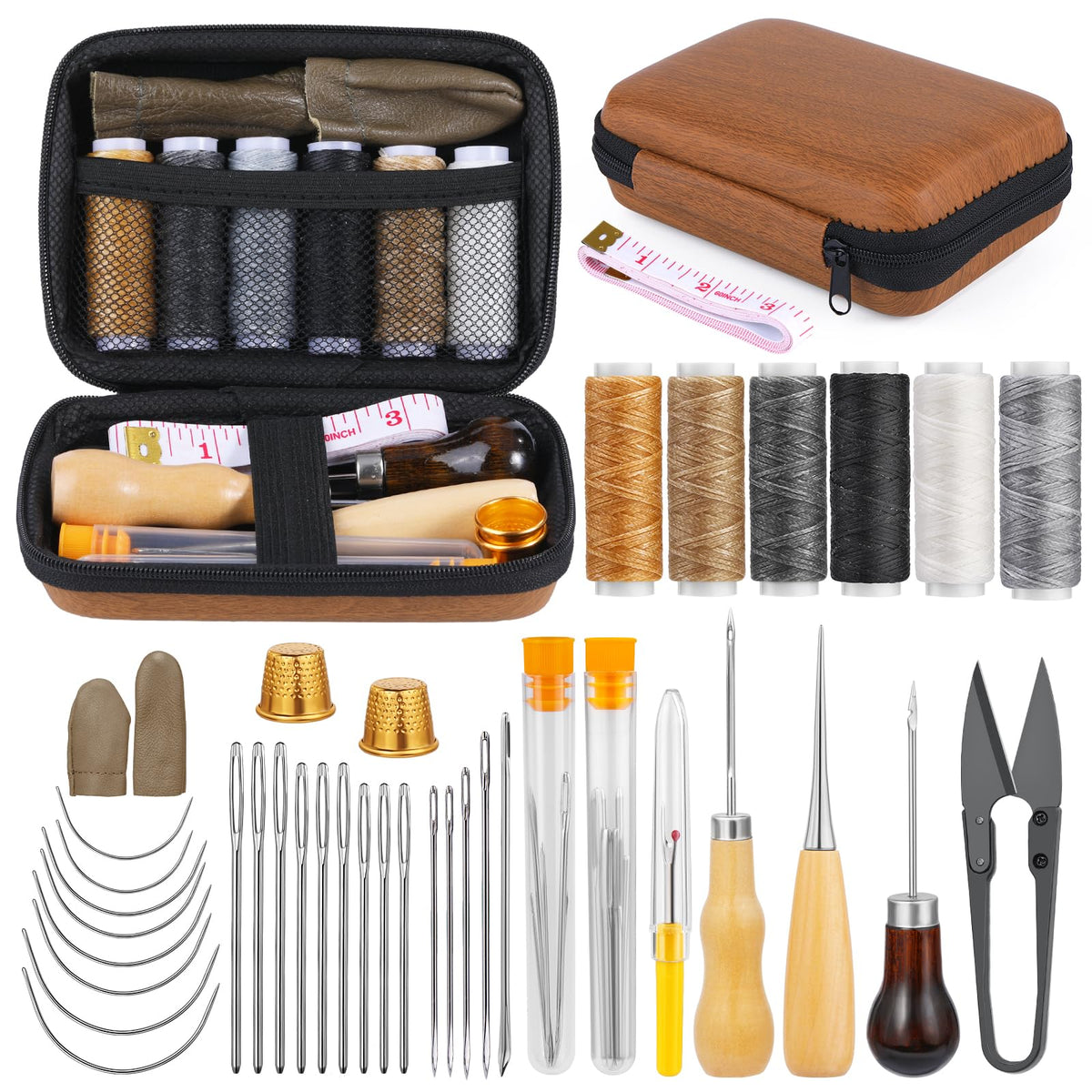 ENCHOL 45Pcs Leather Sewing Kit, Upholstery Repair Sewing Kit Includes Thread and Sewing Needle, Sewing Thread Kits with Complete Accessories for