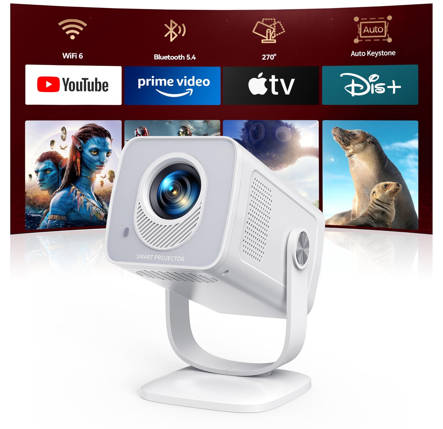 TOPTRO Mini Projector 1080P 4K Supported?Android 13 & Short Throw? Portable Smart Projector with 270? Adjustable Stand, WiFi 6 Bluetooth 5.4, Auto