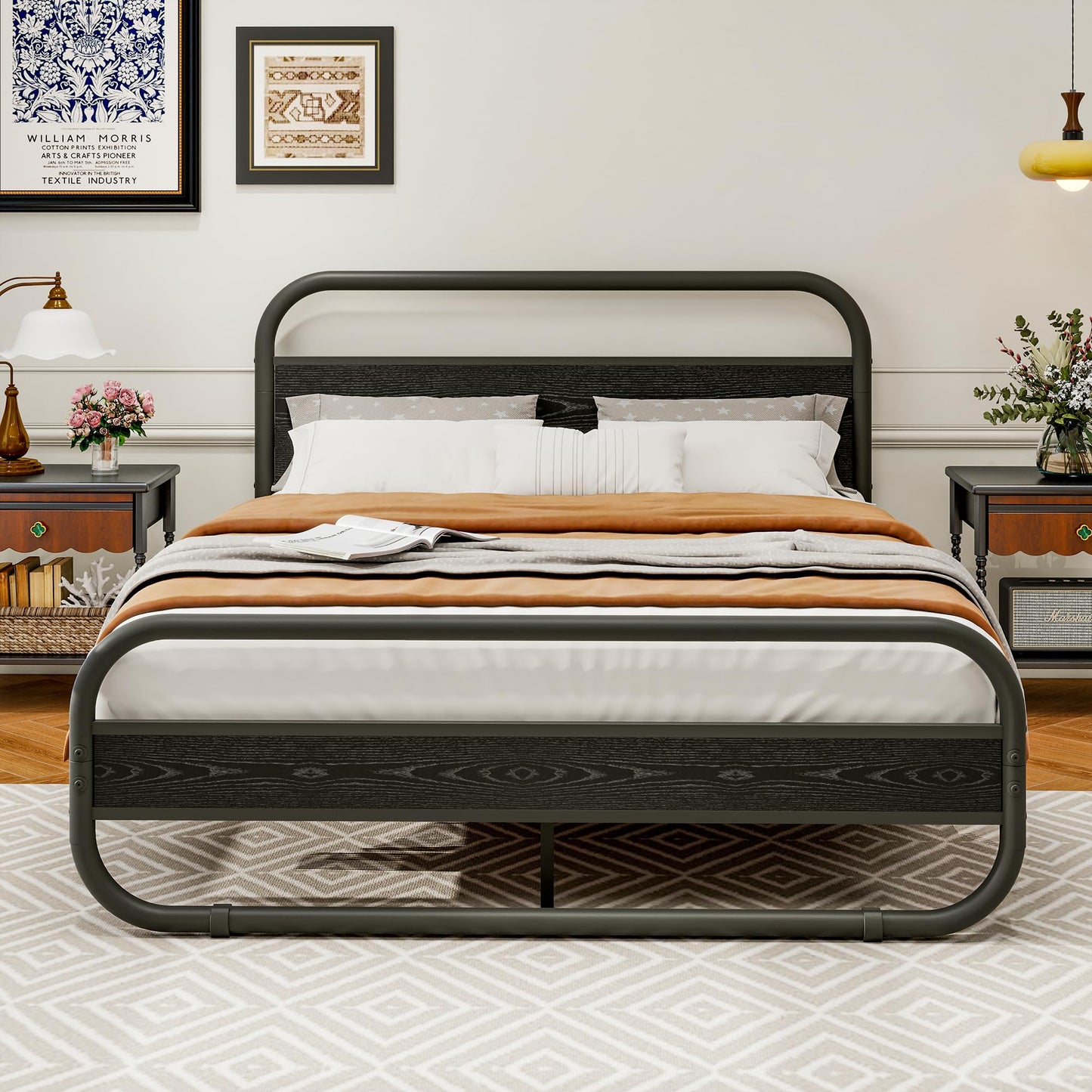 Diahomy King Size Bed Frame Metal Platform Bed Frame with Wood Headboard/Mattress Base/Metal Slat Support/Underbed storage/Black Bed Frame King Size