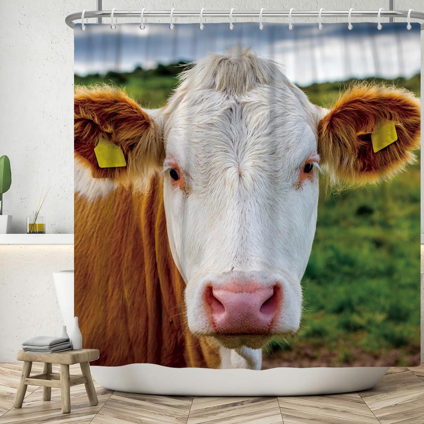 ASDCXZ Funny Shower Curtain 180x180 cm, Funny Cow Head Bath Washable Shower Curtains Polyester Textile Waterproof Bath Curtain for Bathtub with 12