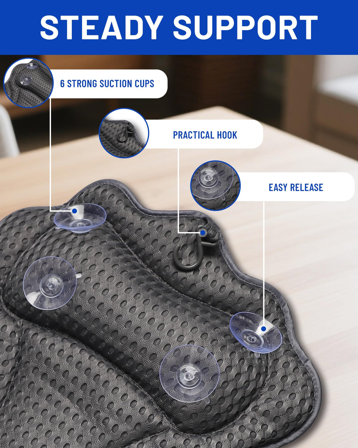 Bath Pillow, 4D Bath Pillows Spa Headrest, Ergonomic Mesh SPA Tub Pillow with 6 Non-Slip Suction Cups with Head, Neck, Shoulder and Back Support