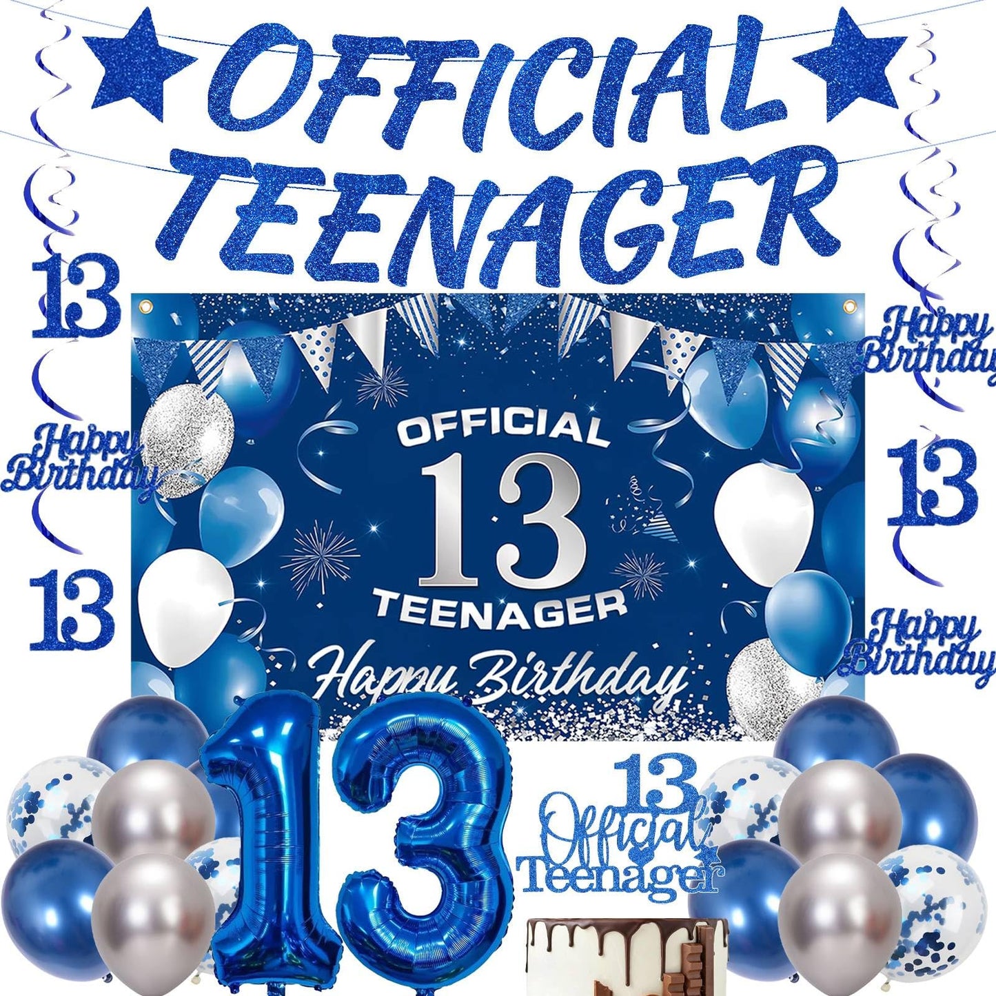 13th Birthday Decorations Blue Banner - 20 Pcs Official Teenager Banner Happy Birthday Backdrop Number 13 Foil Balloon Hanging Swirls Silver Latex