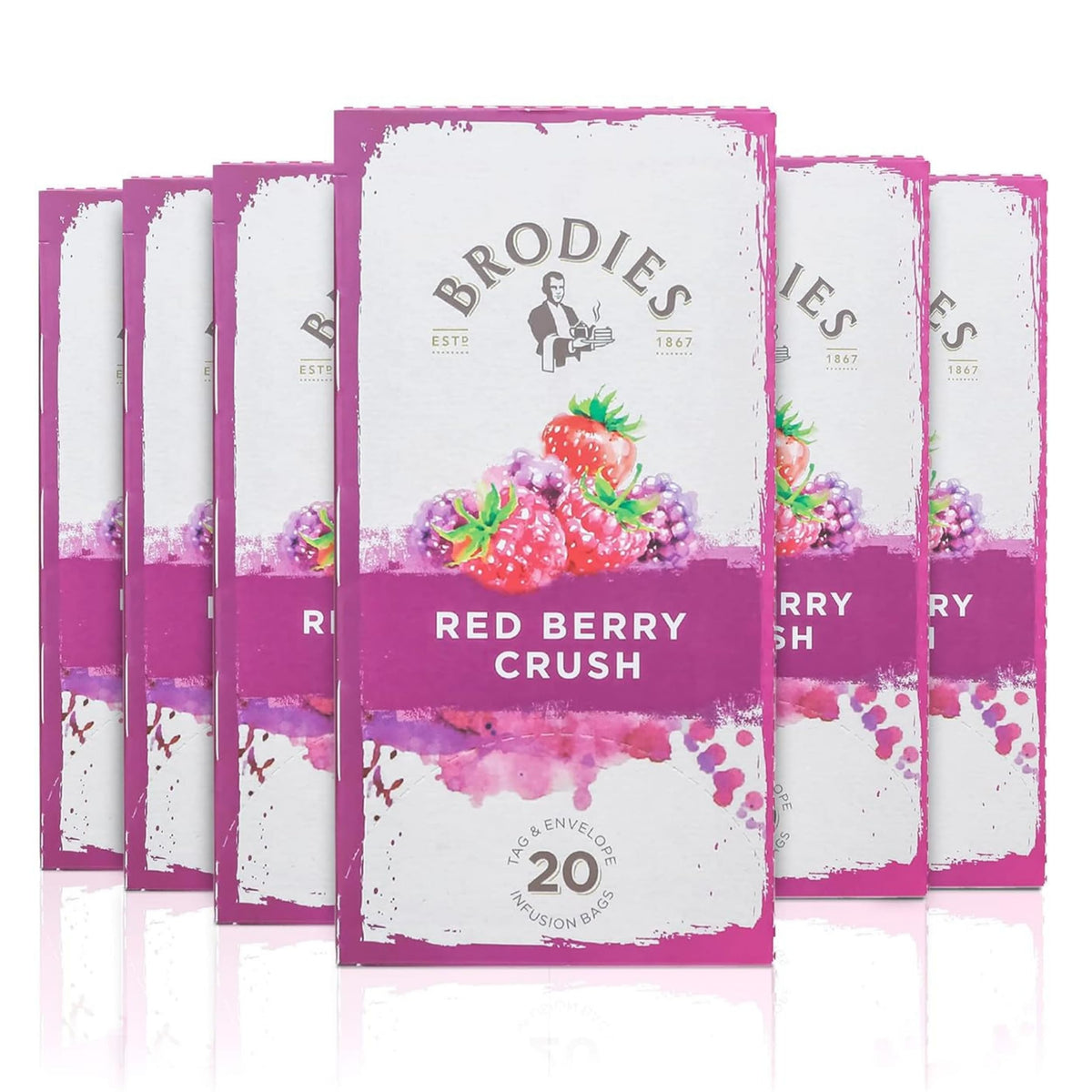 Brodies Red Berry Crush Tag and Envelope - 6 Tea Boxes of 20 Tea Bags each (120 Tea Bags) - A mix of Berries and Fruits for an Infusion with a superb