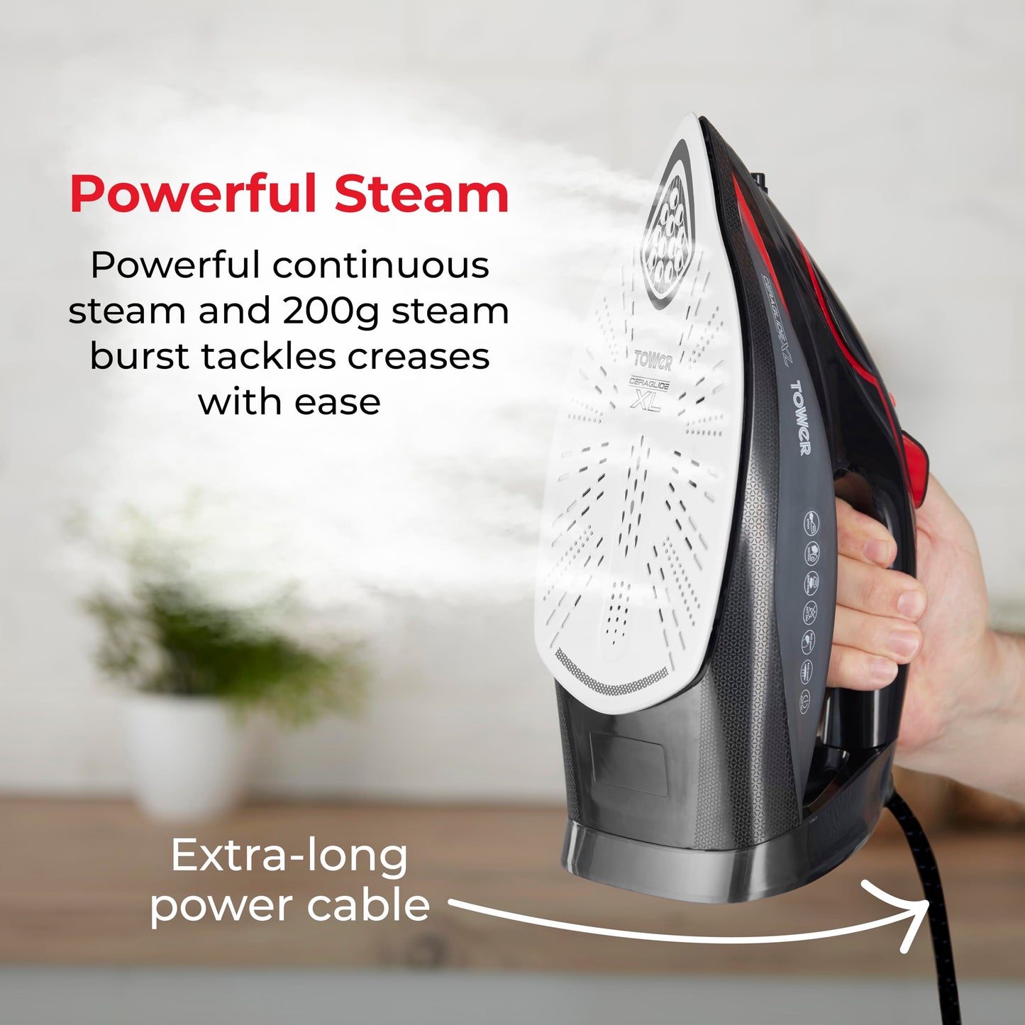 Tower T22034RED Steam Iron with Ceraglide XL Ceramic Soleplate, AI One Temp Technology, Anti-Drip & Anti-Calc, 350ml Water Tank, 3100W, Red & Black