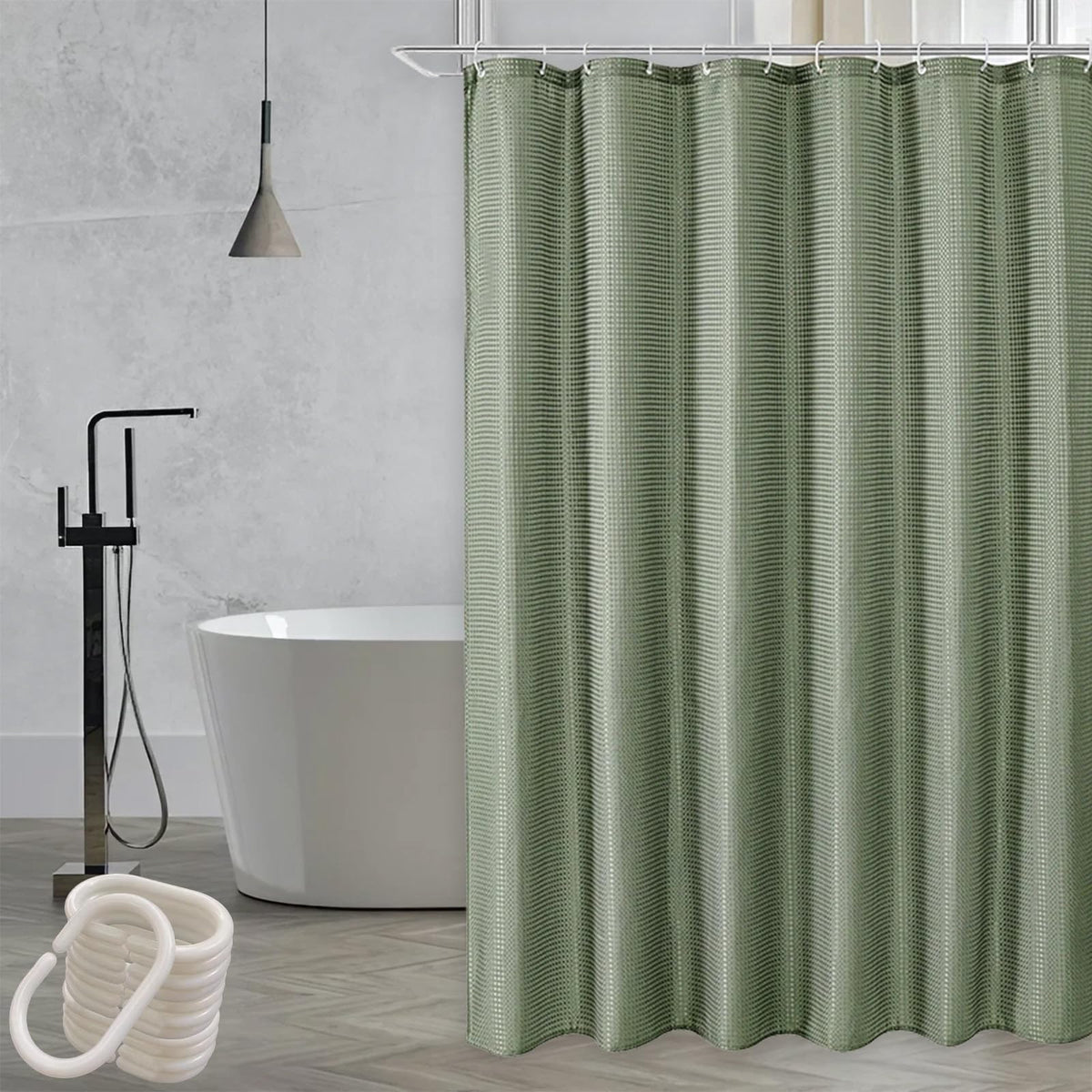 Onperpoe Waffle Shower Curtain, Green Shower Curtain with 12 Hooks, Weighted Waterproof Mould Resistant Bathroom Curtains 180 x 180cm Long Shower
