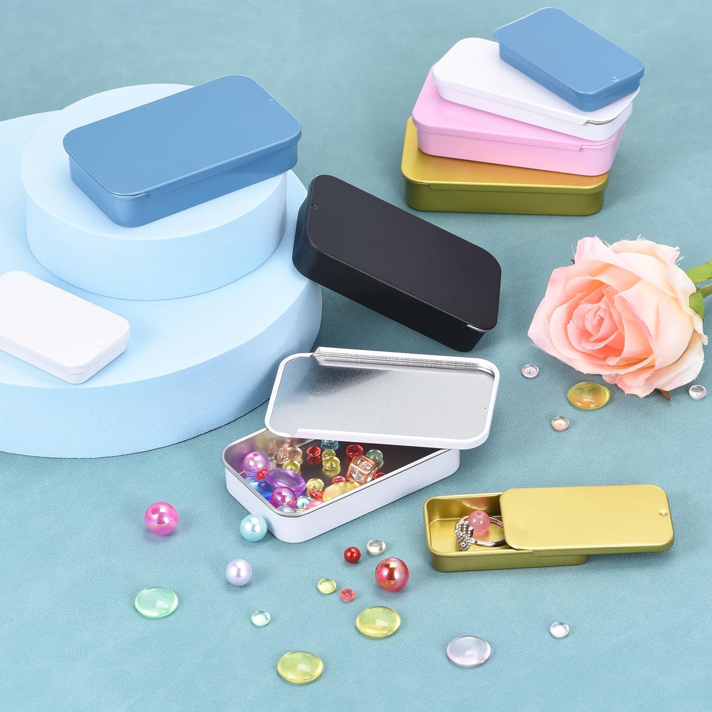 sourcing map 4 Pcs Metal Tin Box Container, 2.4x1.3x0.4 Inch Slide Top Tin Containers Empty Rectangular Storage Box Portable Mini Tin Case for Candy
