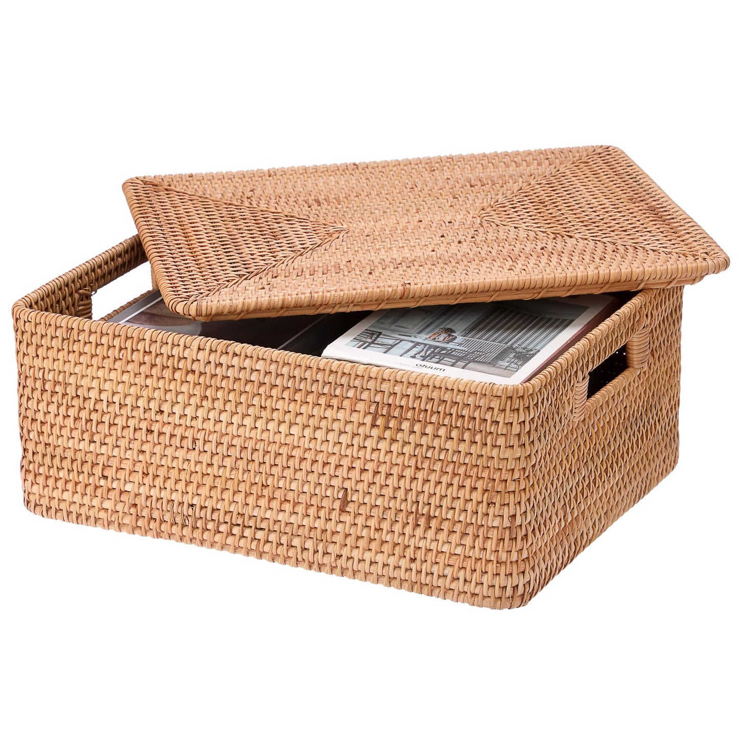 IGNPION Rattan Storage Basket With Lid, Wicker Decorative Storage Basket for Shelves Bathroom Woven Storage Box