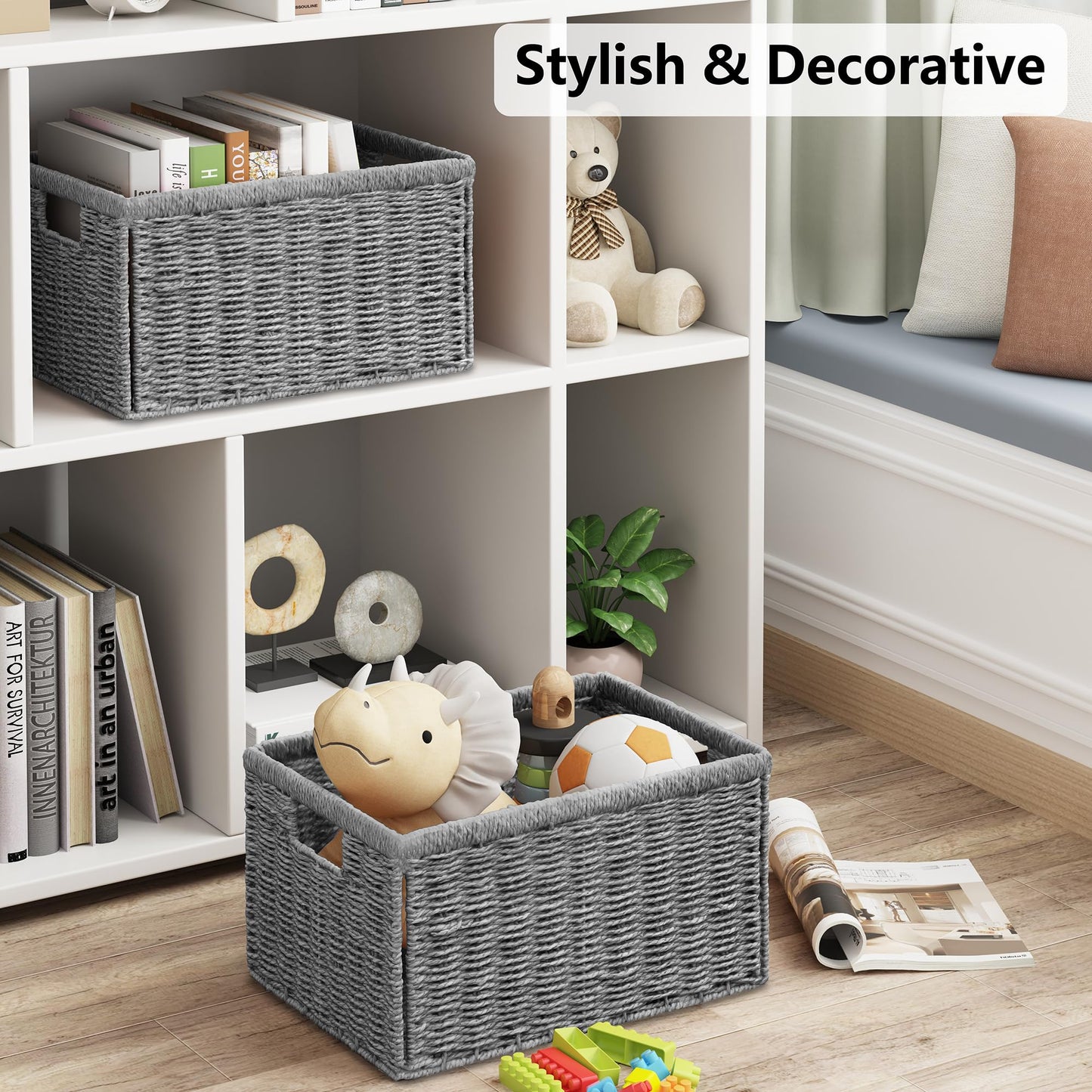 Vagusicc Wicker Storage Basket, Foldable Storage Cubes Organizer Bins, Handwoven Storage Baskets for Shelves Closet Office Bathroom