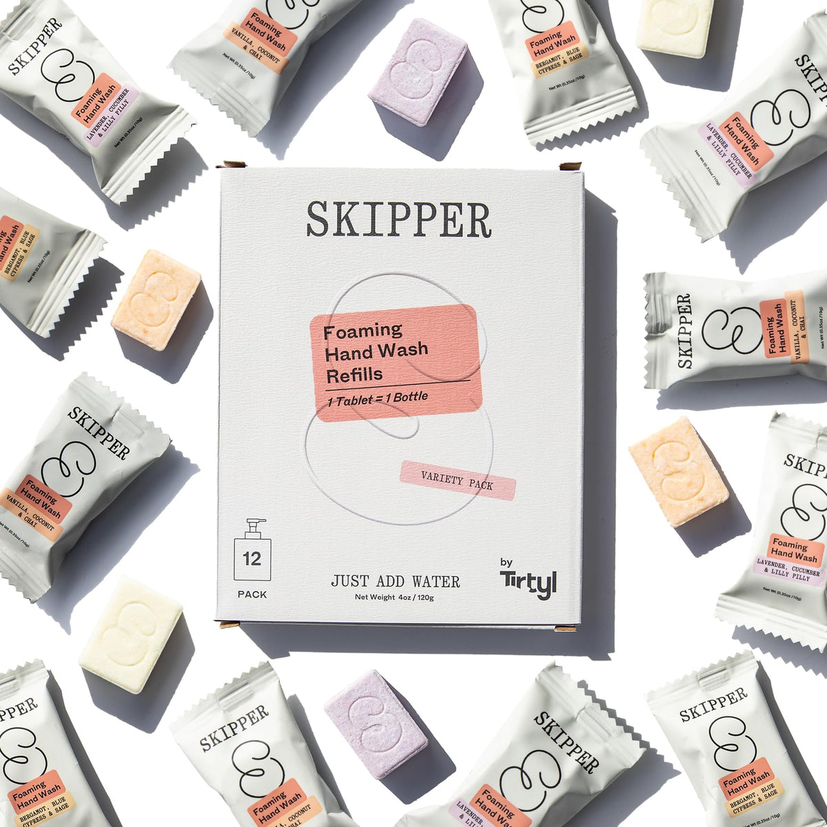 Tirtyl Skipper Foaming Hand Soap Tablet Refills - 12 Pack - 3L total (12x 250ml) - Rebranded - Compostable Packaging - Variety Fragrance Pack