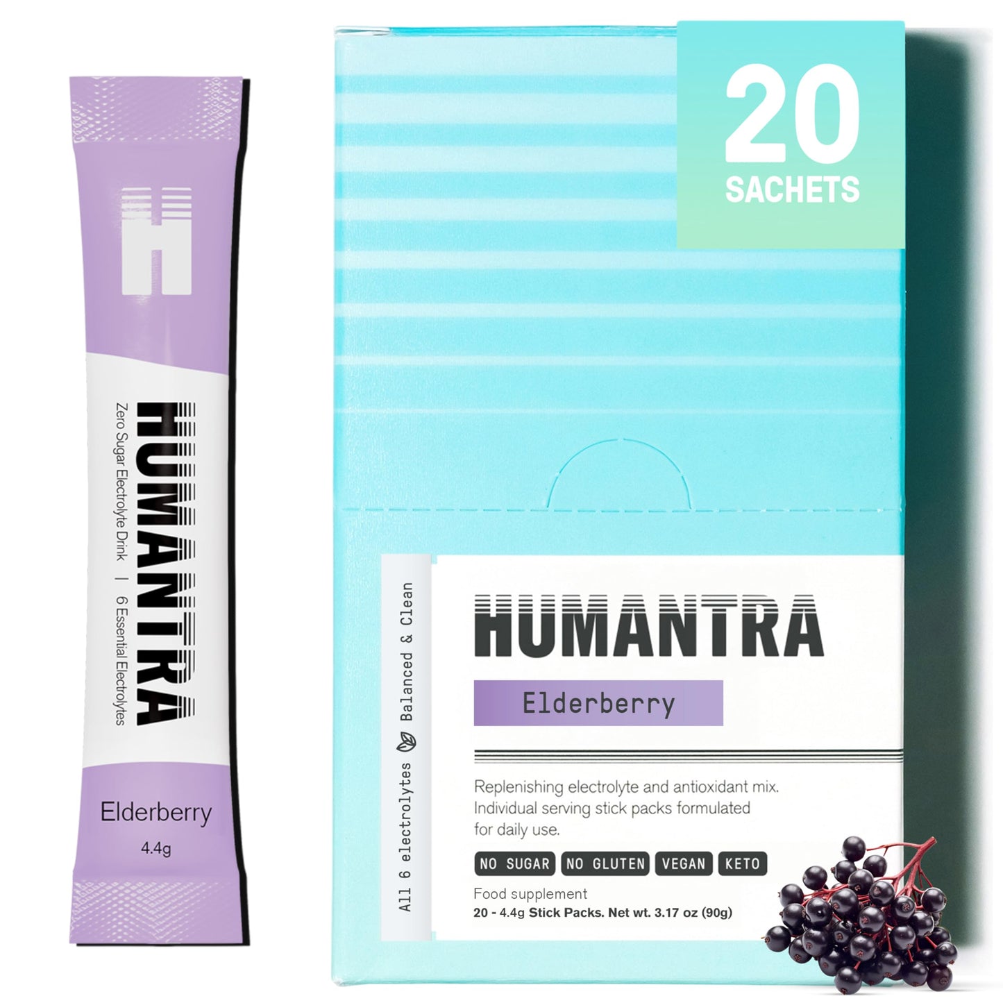 Humantra Electrolyte Packets | Zero Sugar | W/ 6 Electrolytes | Electrolytes Powder (20 Count, Elderberry)