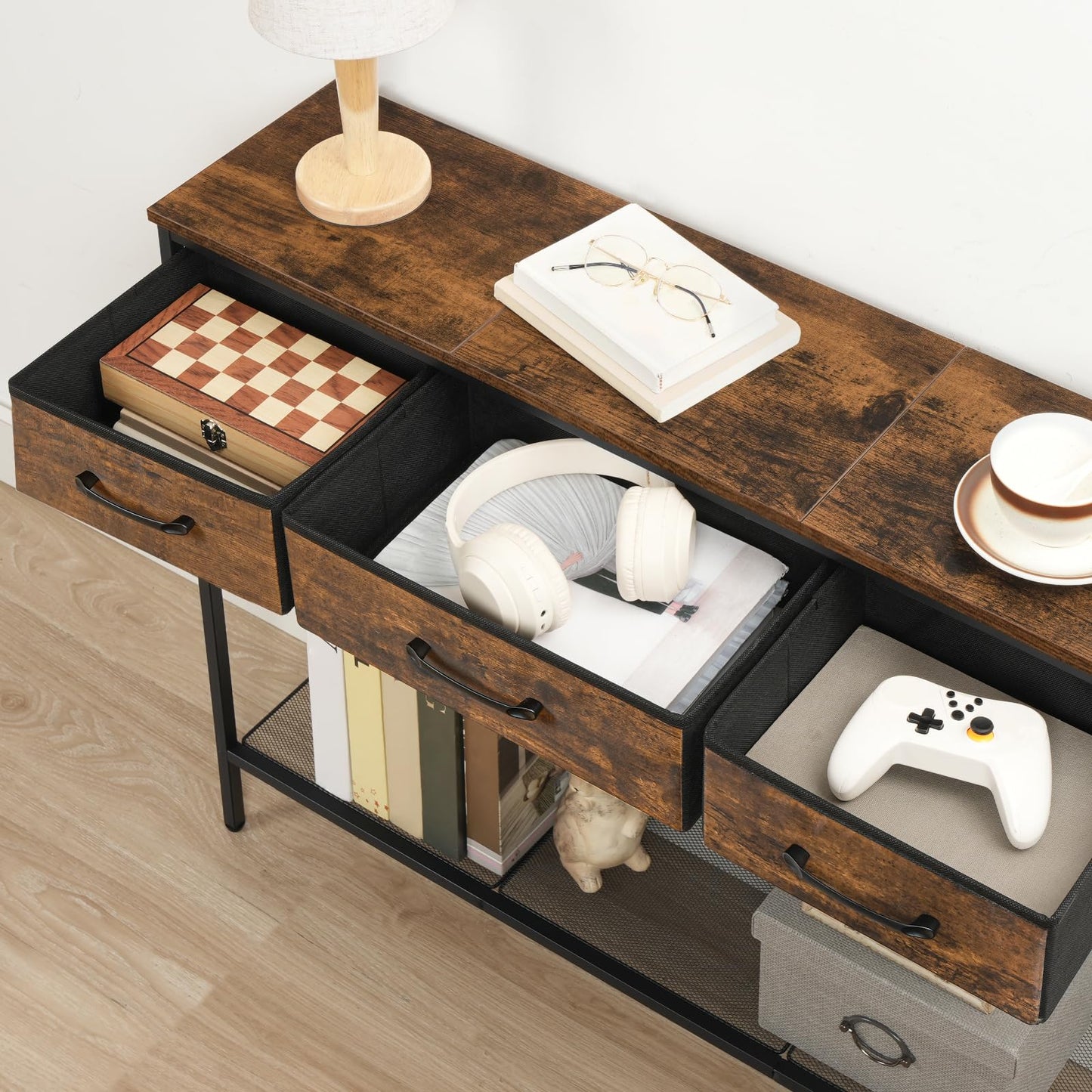 MAHANCRIS Console Table with 3 Fabric Drawers, Narrow Console Table with Open Shelf, 97 cm L Slim Entryway Table, Couch Table, for Hallway