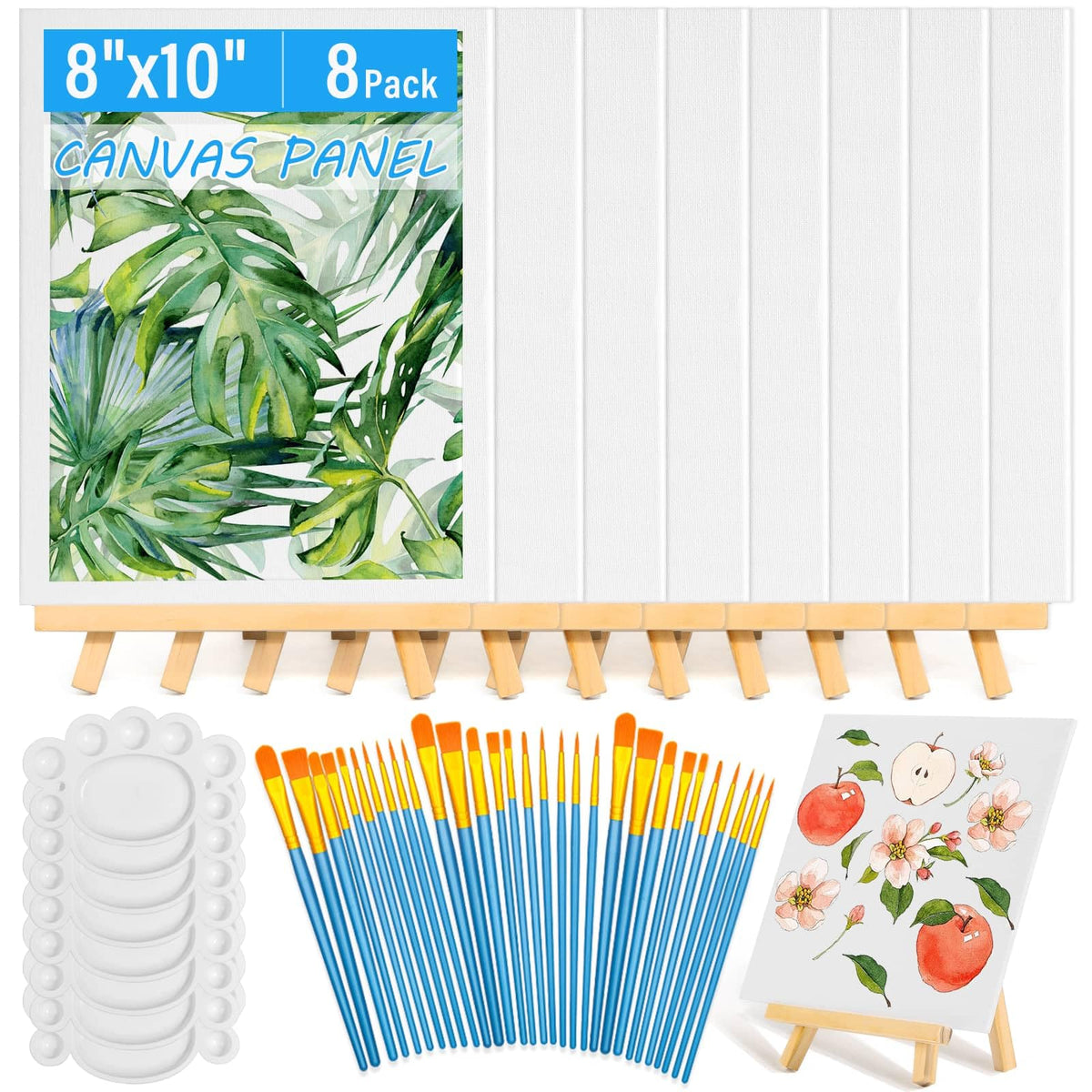54 Pieces Canvas with Easel, 8 x 10 Inch Canvas Boards with Wooden Easels Brushes Canvas Painting Kit for Acrylic Oil Watercolor Beginner Art Craft