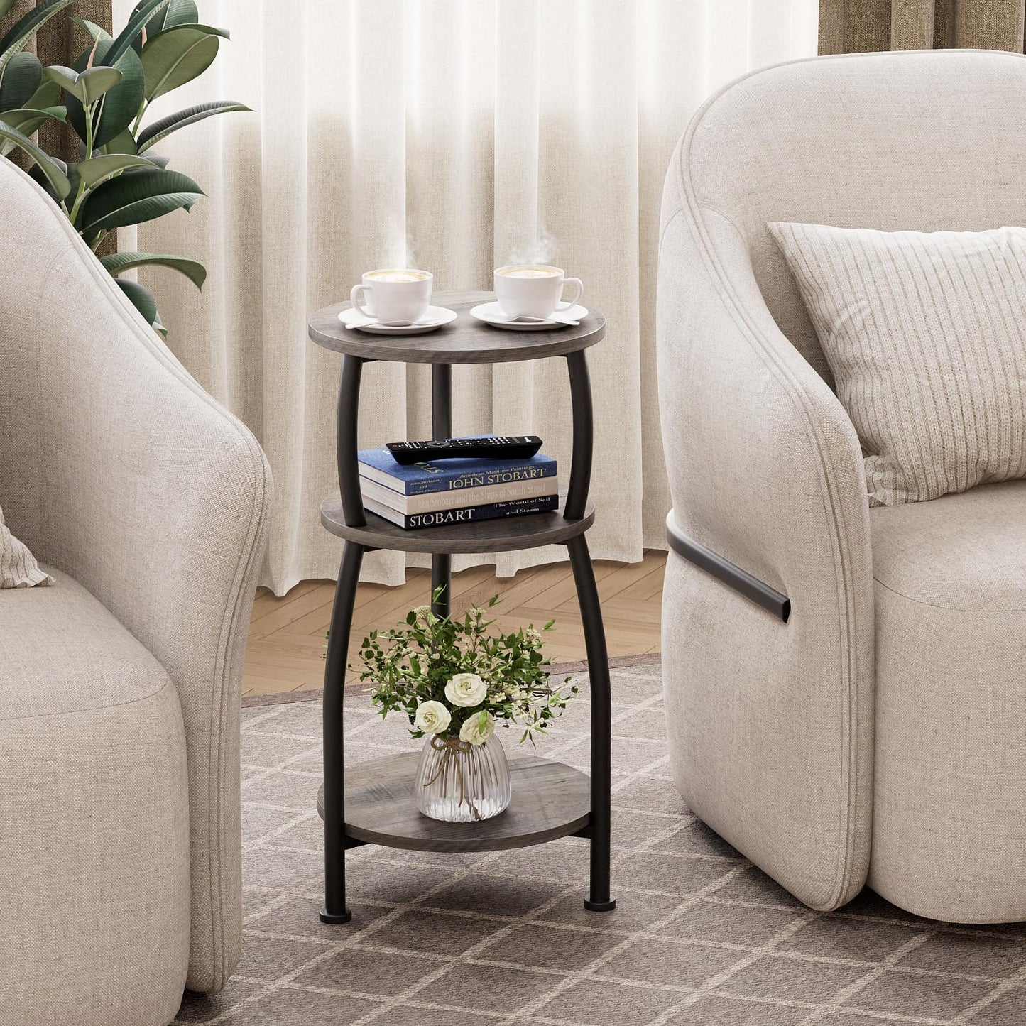 Yuede Round Side Table, 3 Tier Slim Round Coffee Table, Small End Table with Storage Shelf, Bedside Table, for Living Room, Bedroom, Small Space