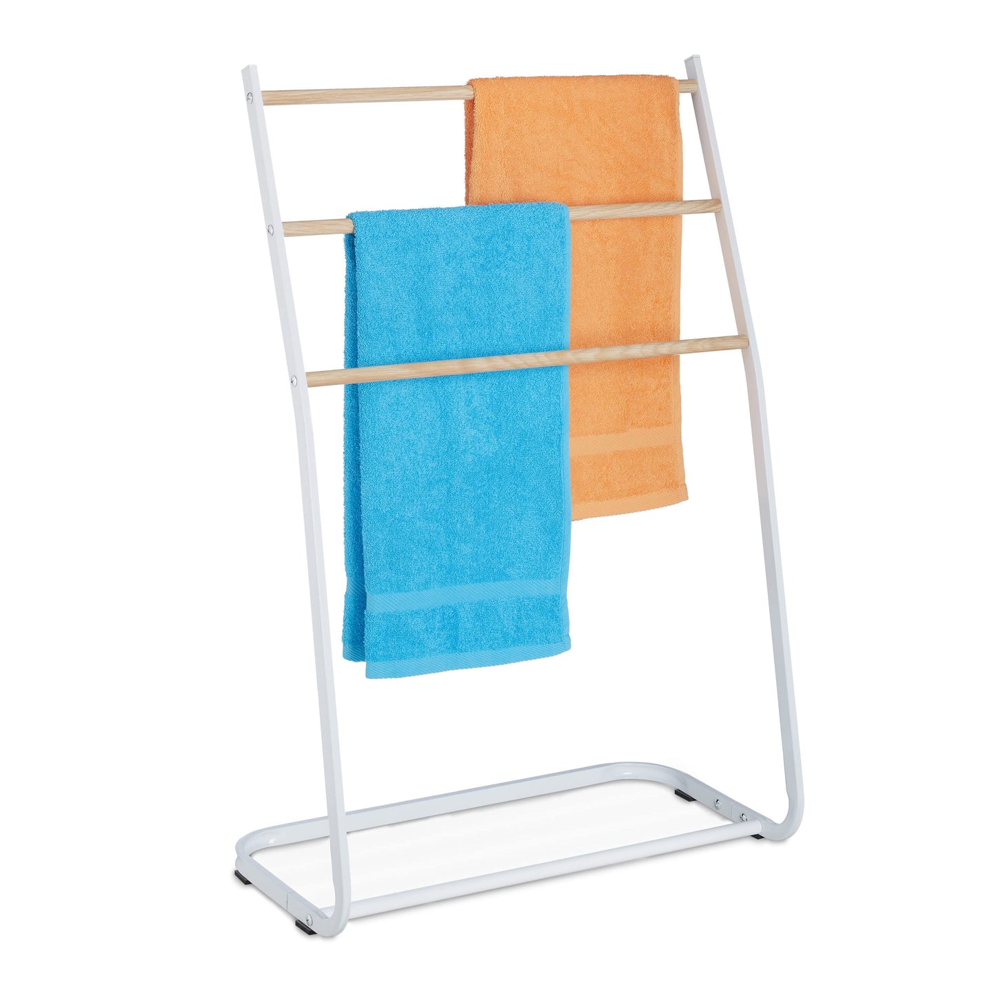 Relaxdays Towel Rack, 3 Rails, H x W x D: 87 x 58 x 29.5 cm, Standing Towel Holder, Wood Optic, Iron, White