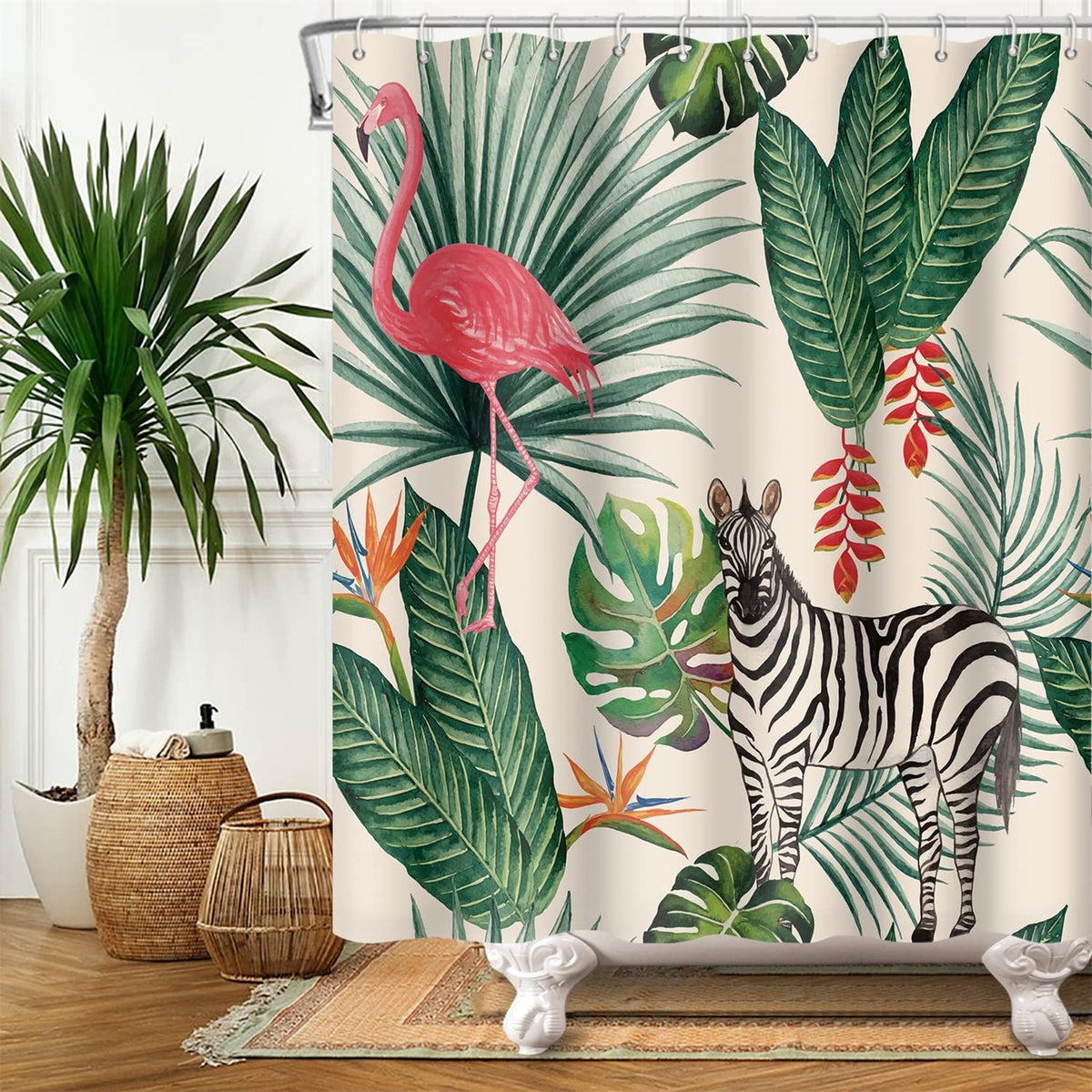 SDOTPMT 105x160cm Flamingo Shower Curtain Tropical Palm Tree Green Leaves Banana Leaf Horse Bath Curtain Summer Theme Bathtub Curtain Fabric Polyester