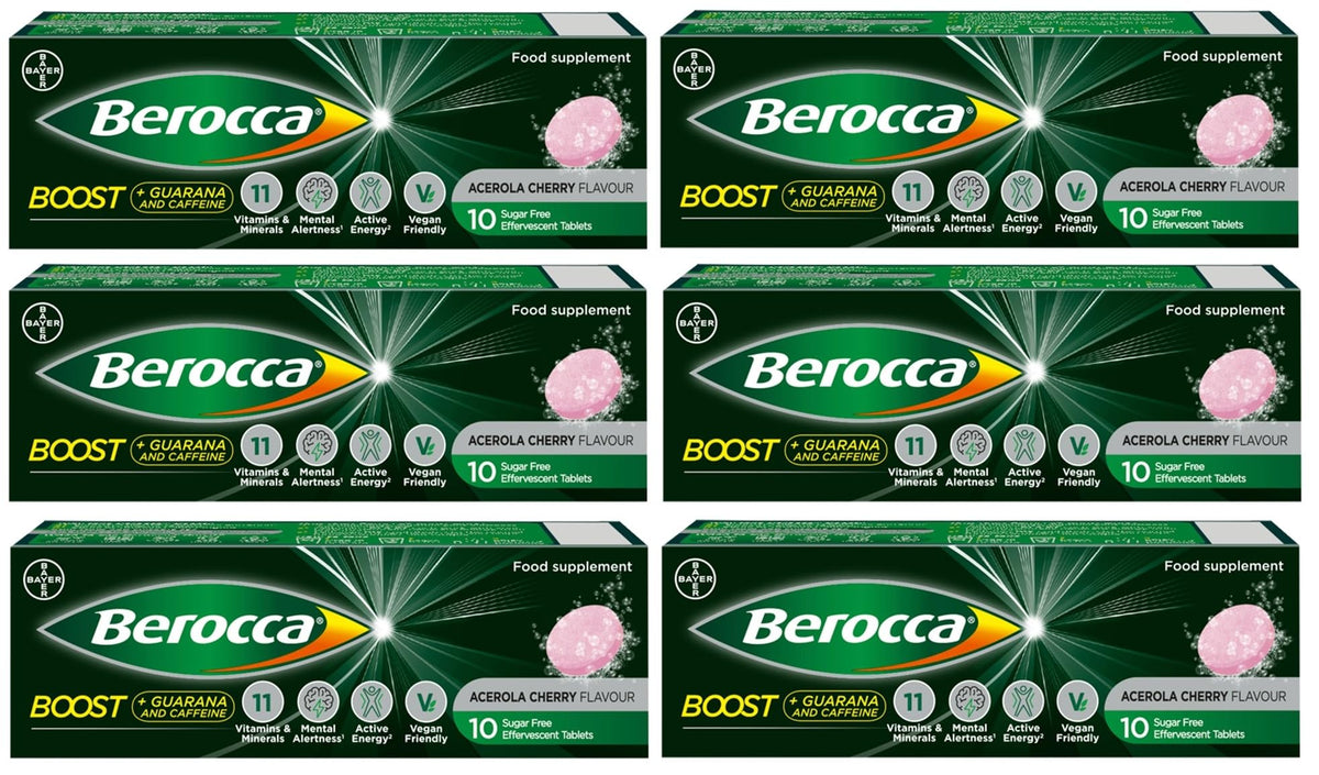 Berocca Boost Effervescent Tablets with Guarana, Caffeine and Vitamin B12, Also Contains Vitamin C and Magnesium, 60 Tablets (6 Pack of 10) - 2 Months