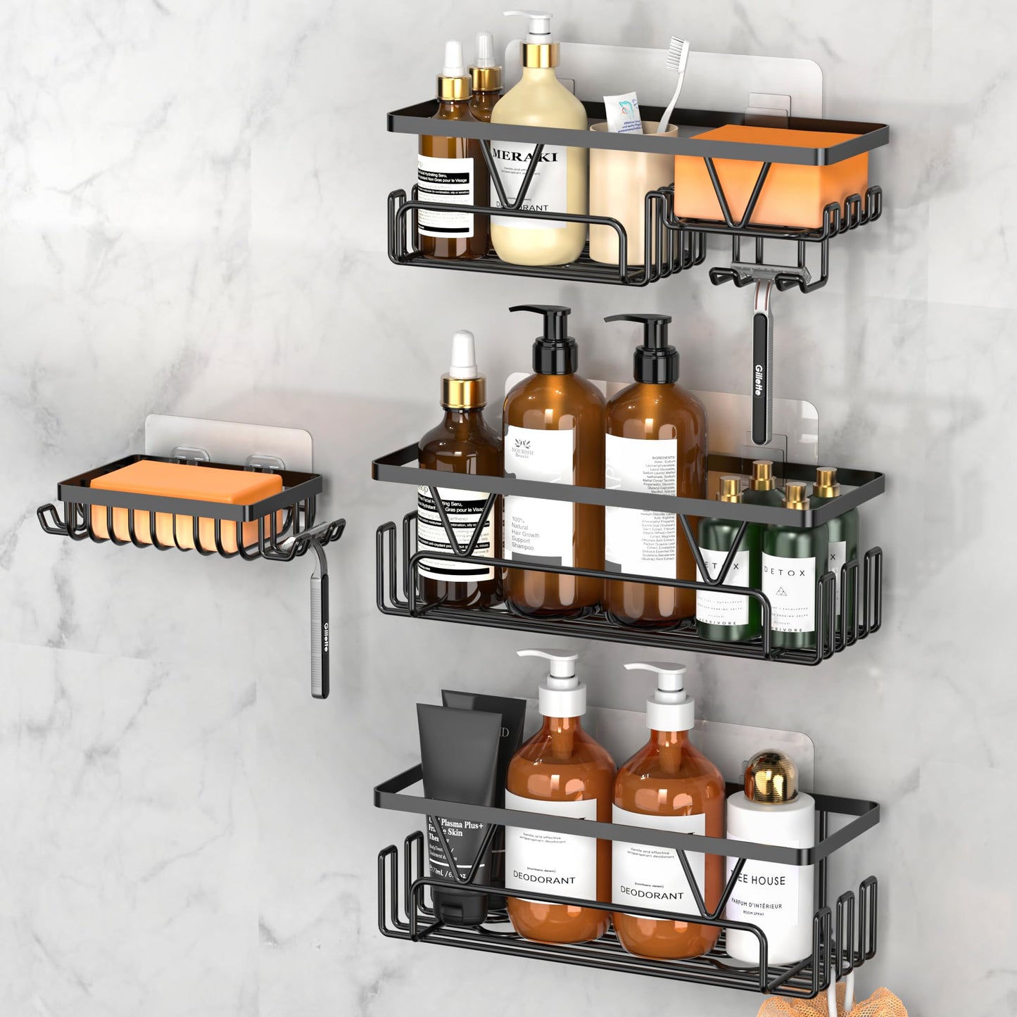Kegii Shower Caddy with Soap Holder - Stick on Shower Organiser Stainless Steel Shower Shelf No Drilling Self Adhesive Bathroom Shelf (4 Pieces,