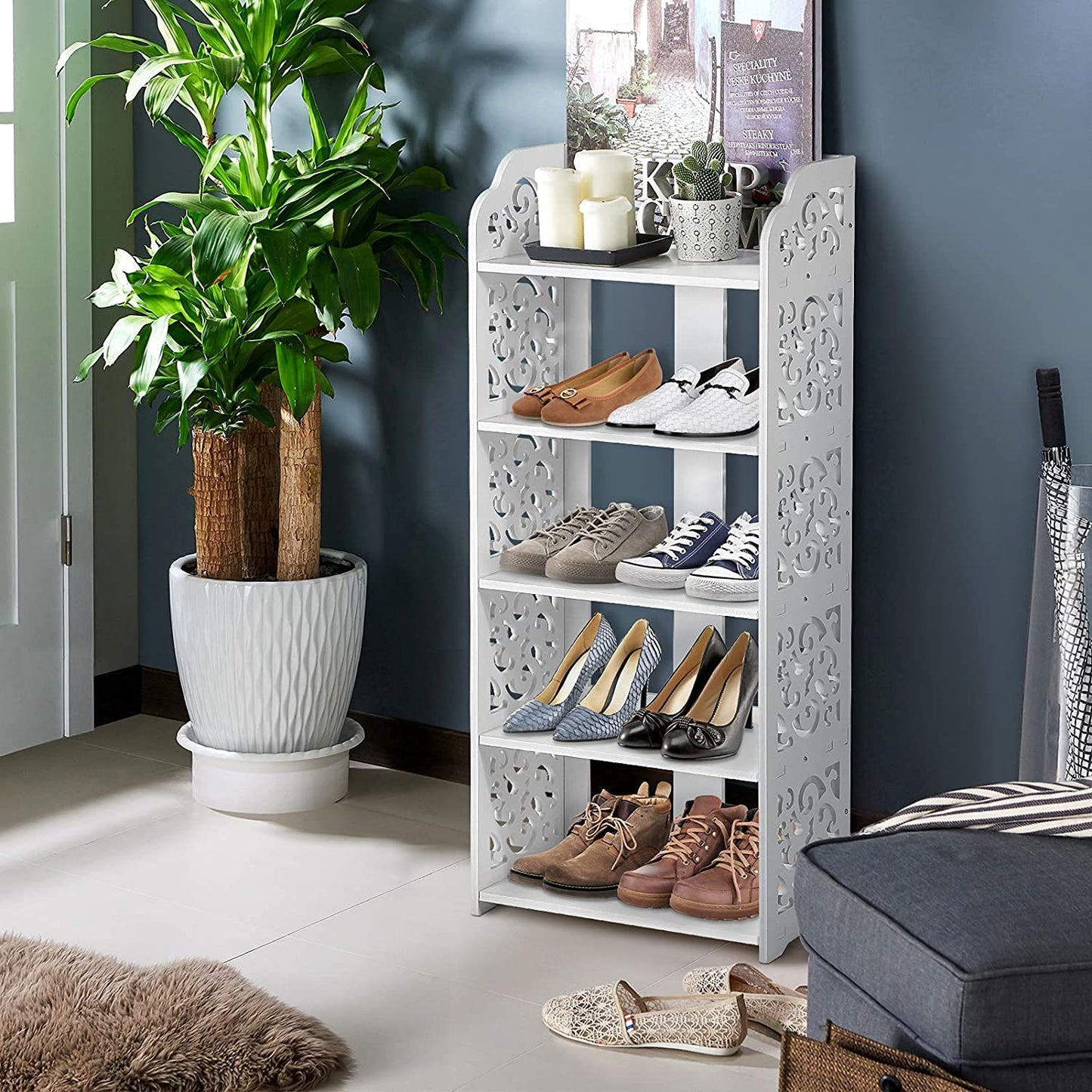 Cocoarm Modern 5-Tier Corner Shoe Rack, White, Floor Standing Cabinet, 40x23x90 cm, for Hallway Entryway Bedroom Living Room
