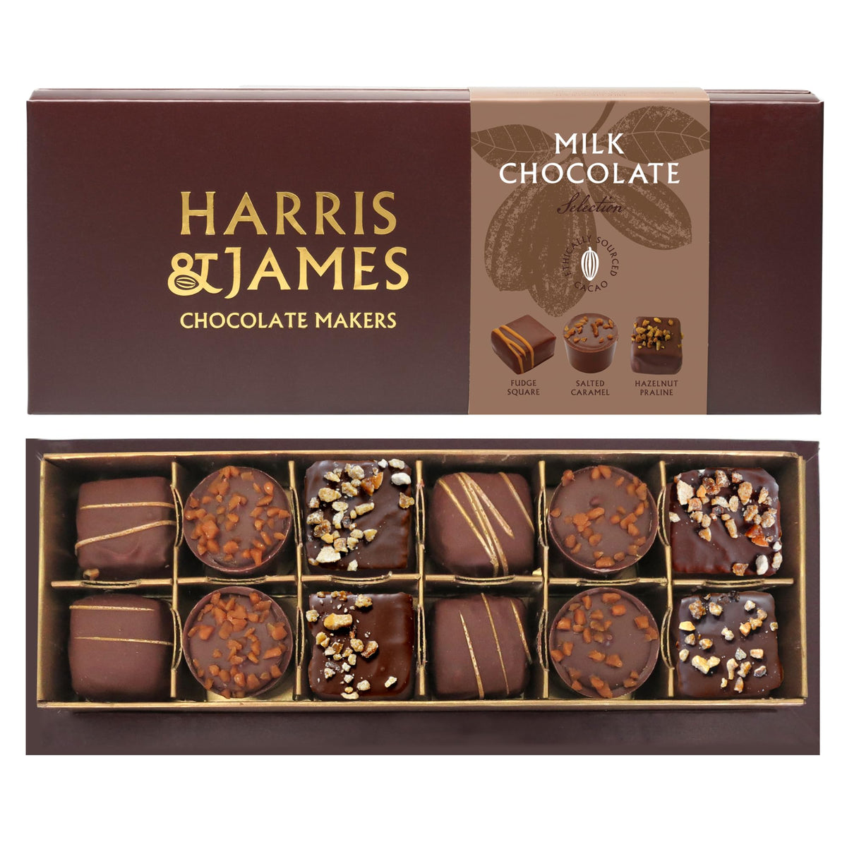 Harris & James Milk Chocolate Collection 12 Piece Chocolate Selection Box. Handmade Luxury Milk Chocolates From Bean To Bar. Fudge Square, Salted