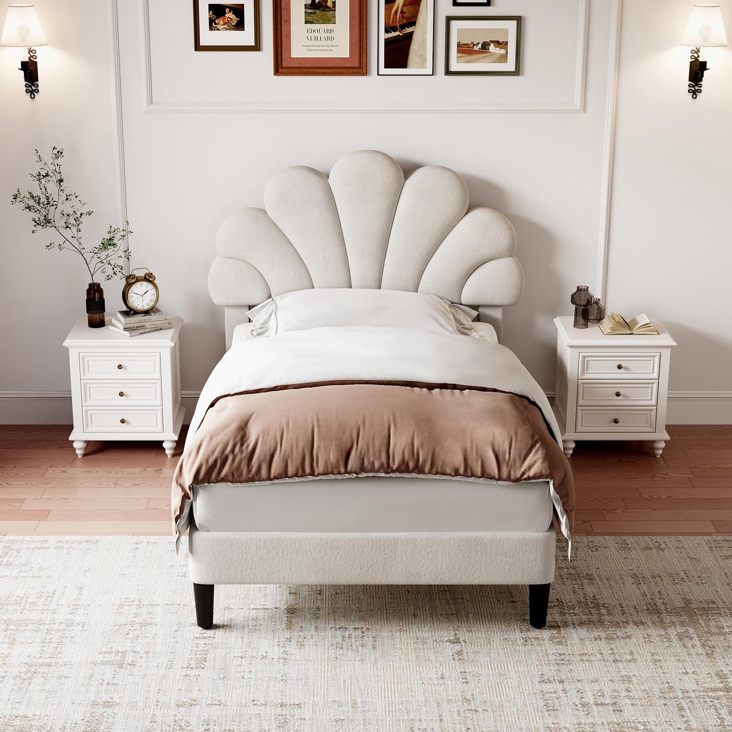 Merax 3ft Single Upholstered Bed Frame, Velvet Petal Headboard, Adjustable, Solid Wood Slats, No Box Spring Needed, Easy Assembly, Beige