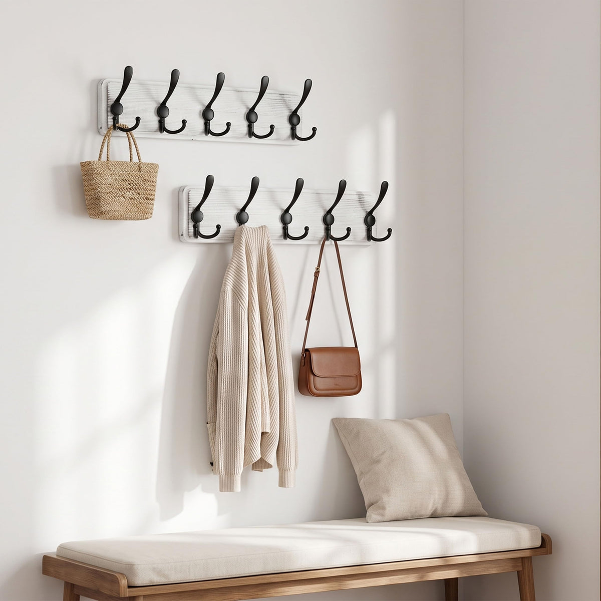 WEBI Coat Rack Wall Mounted,Wood Coat Hooks Wall Mount,16" Hole to Hole,Coat Hanger Wall,Hook Rack Rail,5 Triple Hooks for Hanging